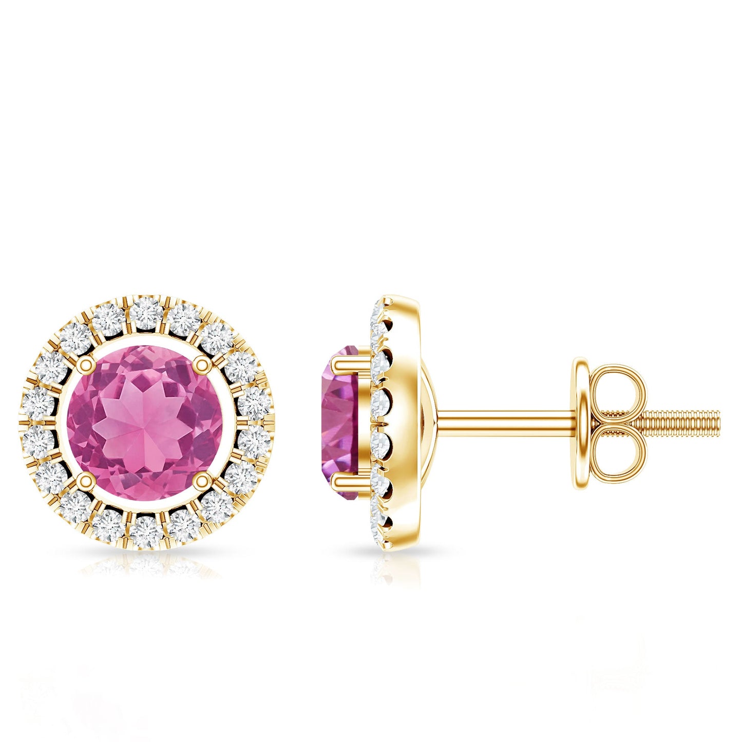 Natural Pink Tourmaline and Diamond Halo Stud Earrings