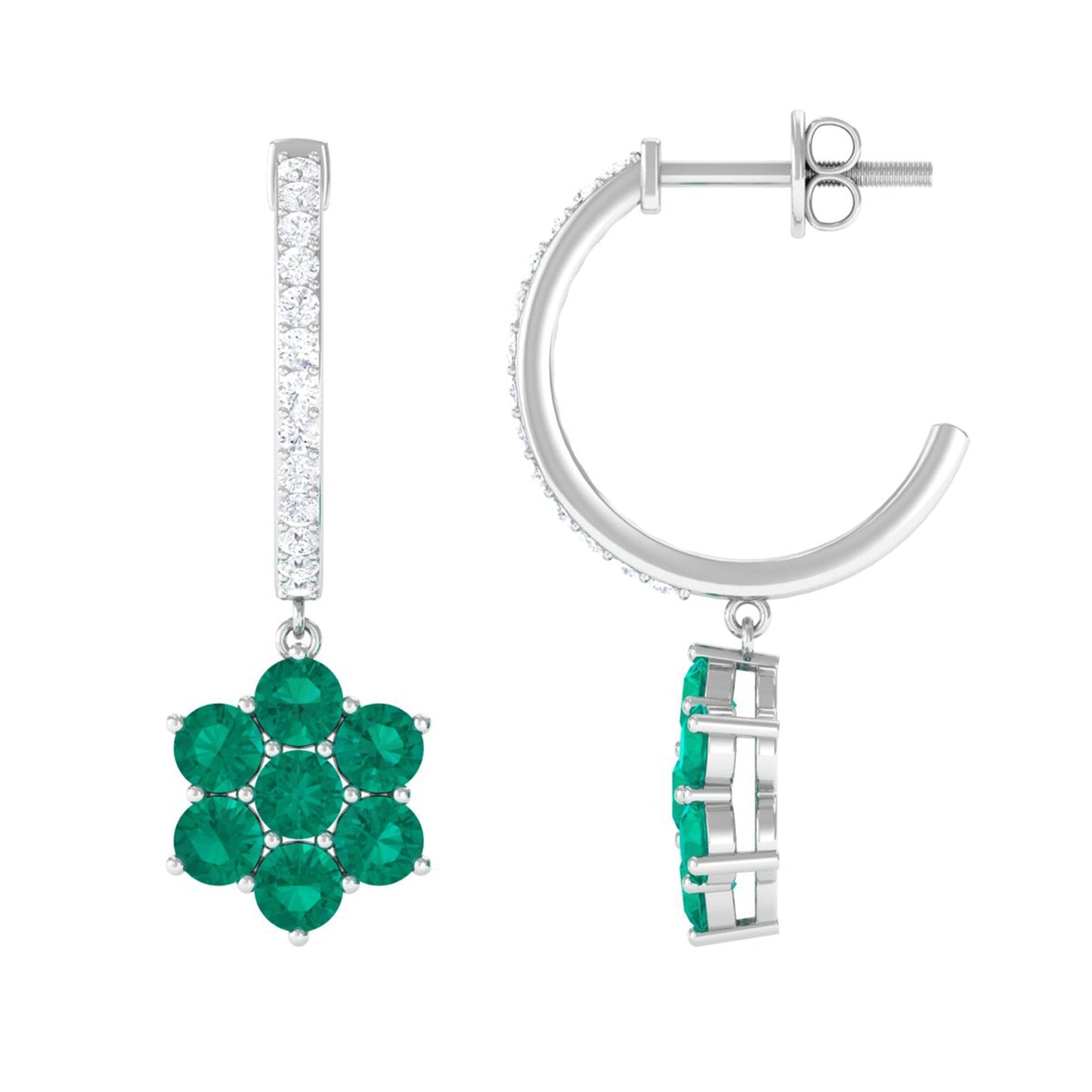 Natural Emerald Flower Drop Earrings with Diamond Hoop