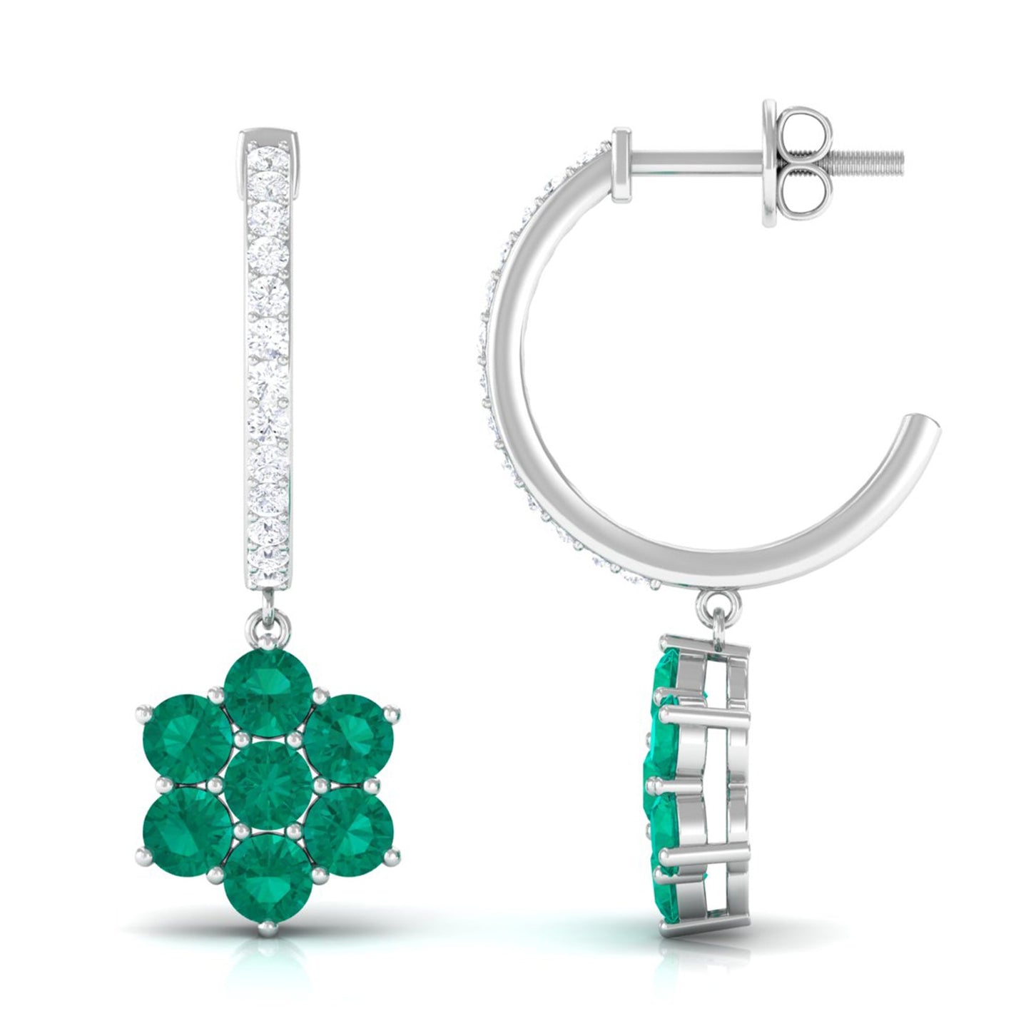 Natural Emerald Flower Drop Earrings with Diamond Hoop