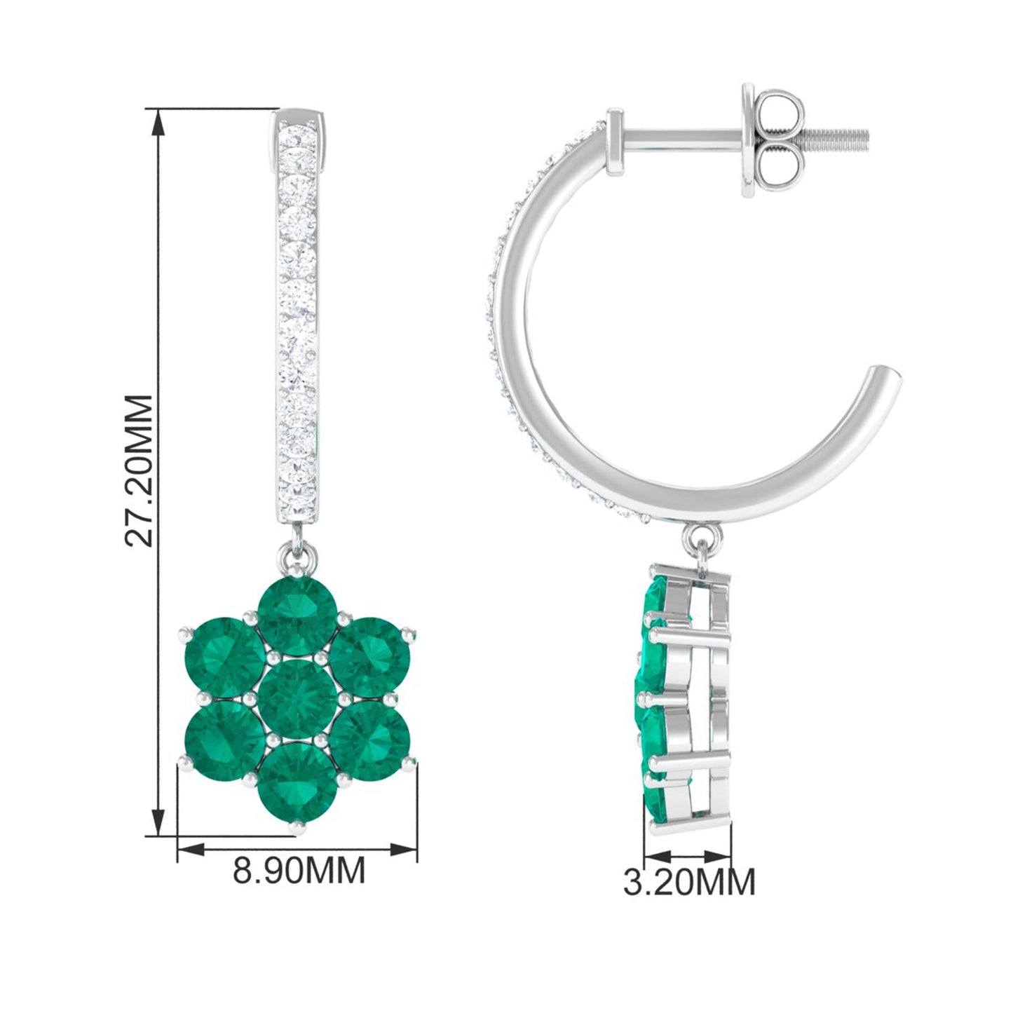 Natural Emerald Flower Drop Earrings with Diamond Hoop