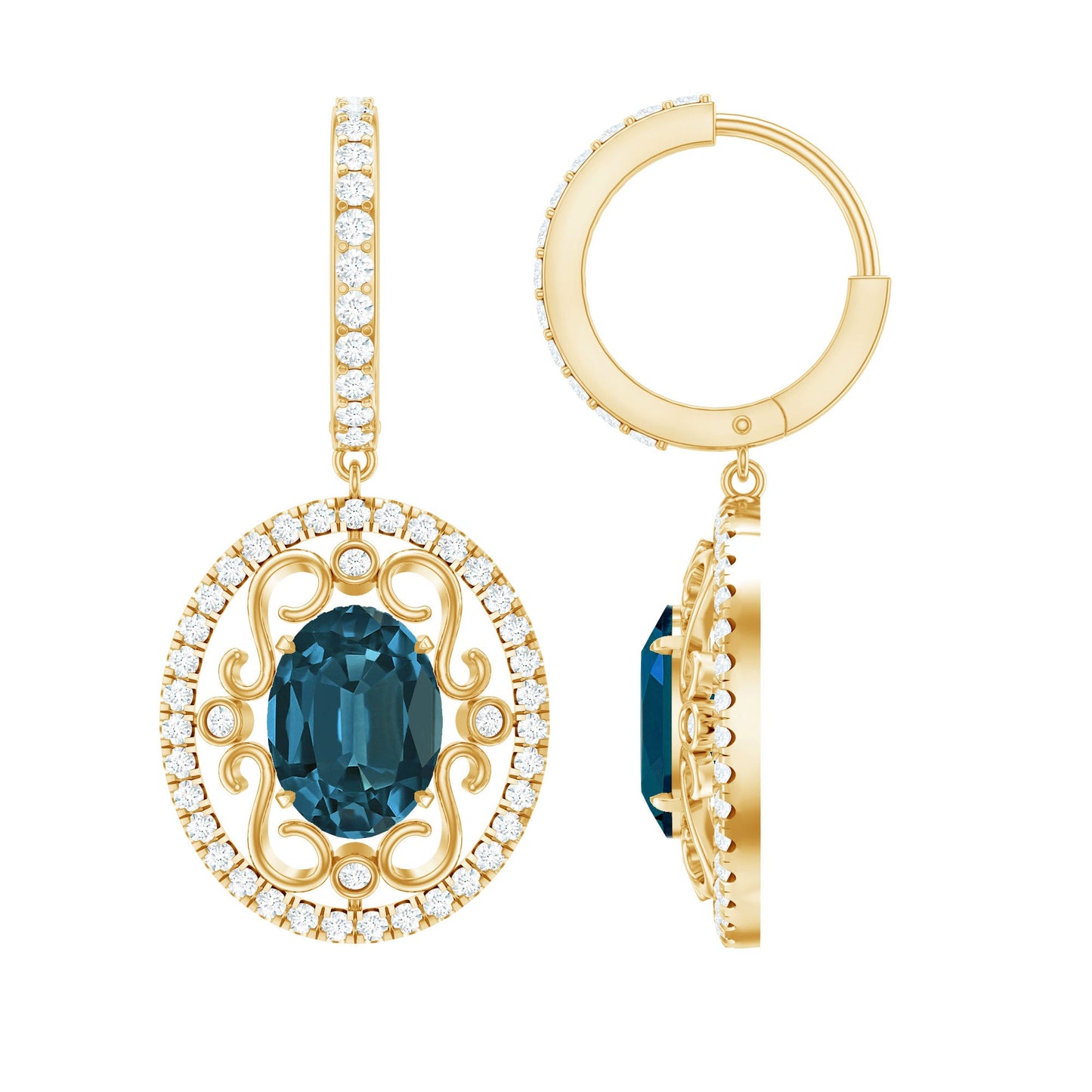 Vintage Inspired London Blue Topaz and Diamond Wedding Drop Earrings