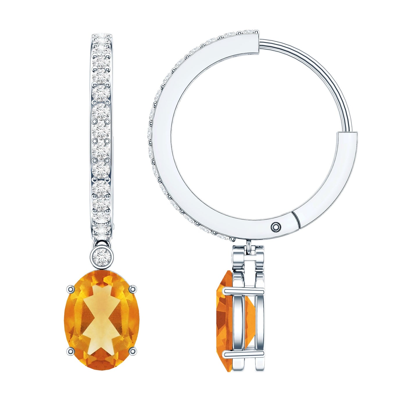 Oval Shape Citrine Hoop Drop Earrings with Diamond