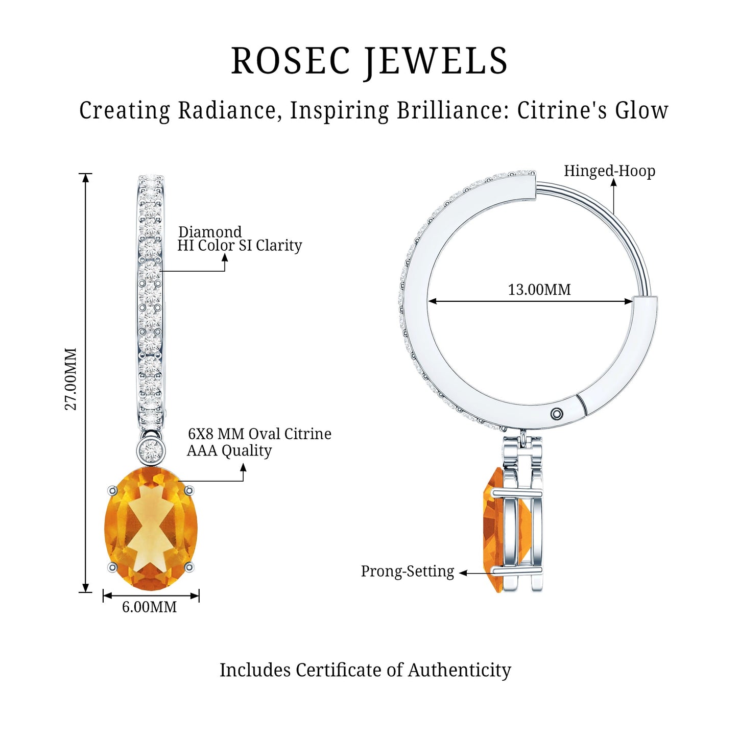 Oval Shape Citrine Hoop Drop Earrings with Diamond