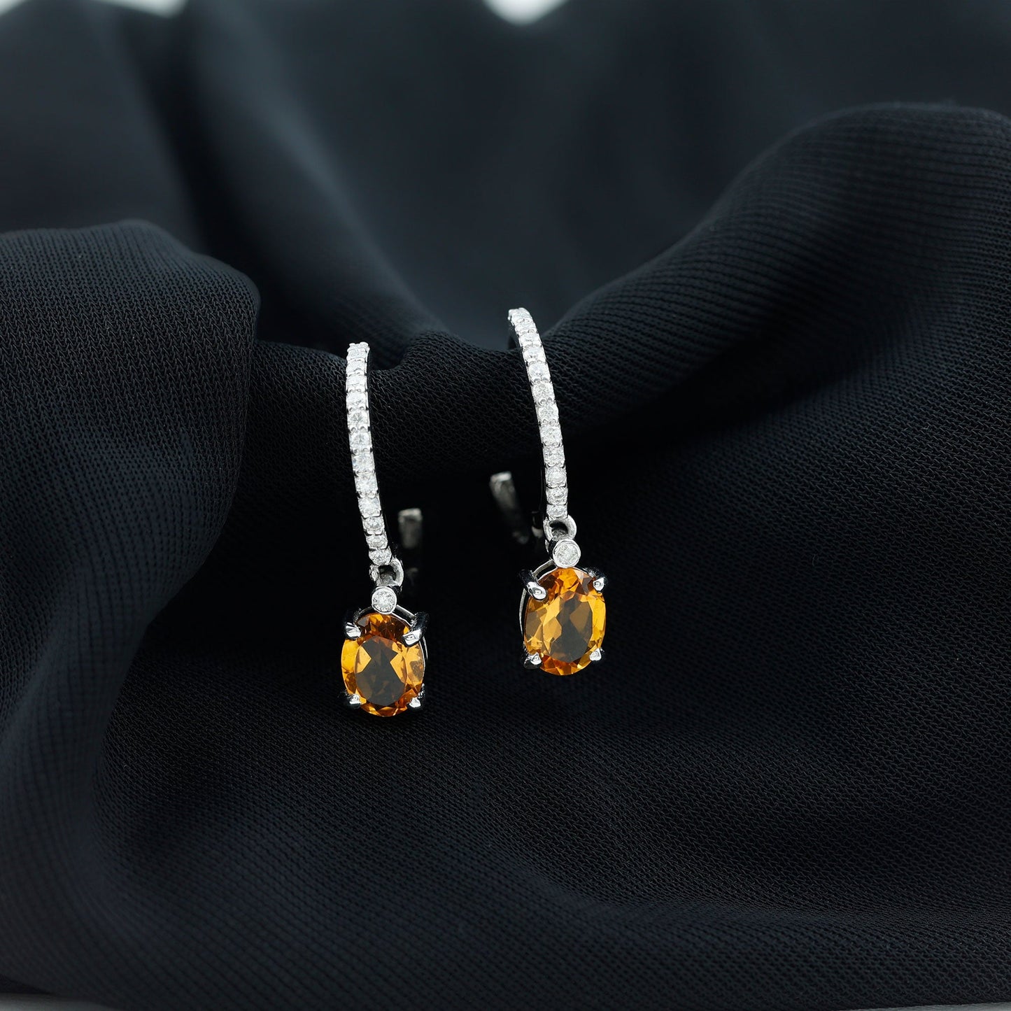 Oval Shape Citrine Hoop Drop Earrings with Diamond