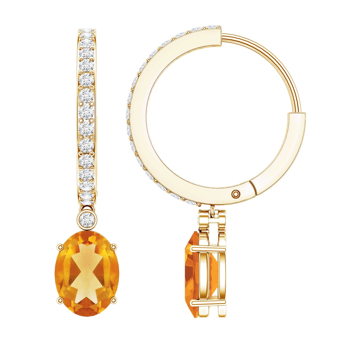 Oval Shape Citrine Hoop Drop Earrings with Diamond