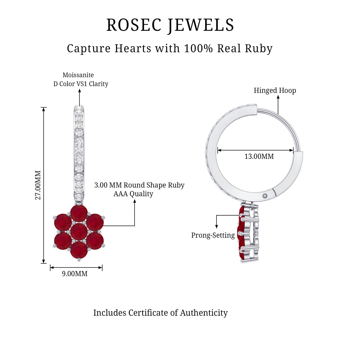Certified Ruby Flower Drop Earrings with Diamond Hoop