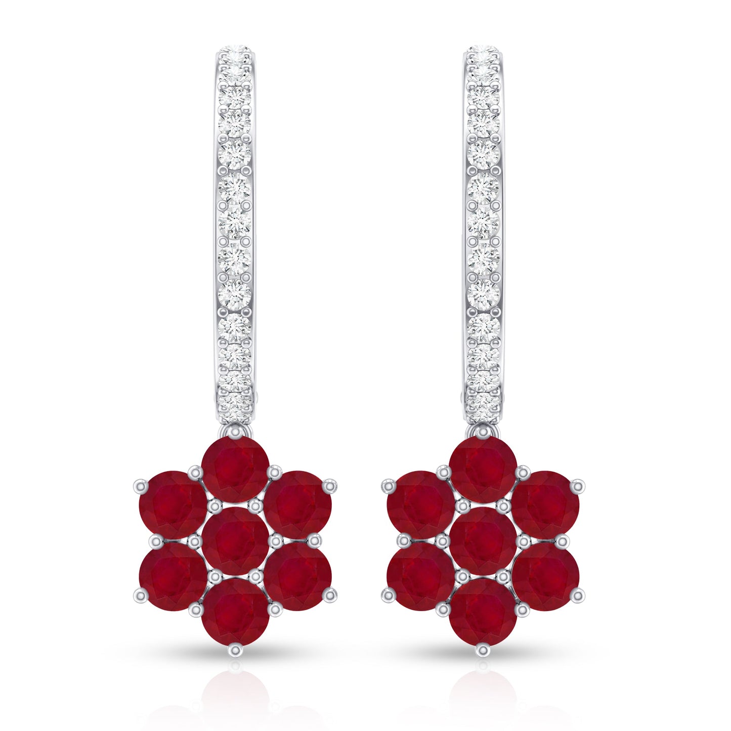 Certified Ruby Flower Drop Earrings with Diamond Hoop