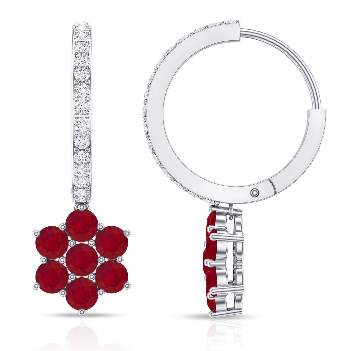 Certified Ruby Flower Drop Earrings with Diamond Hoop