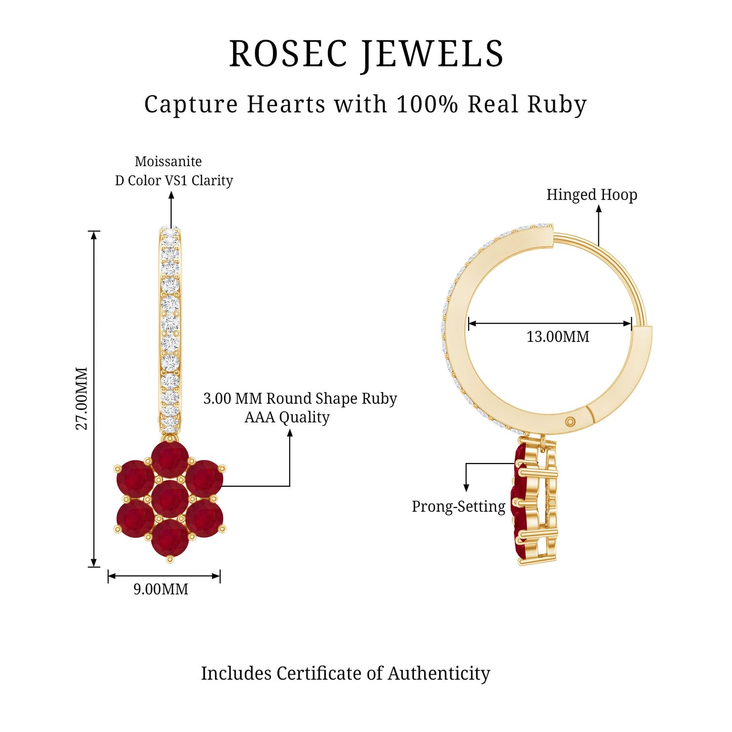 Certified Ruby Flower Drop Earrings with Diamond Hoop
