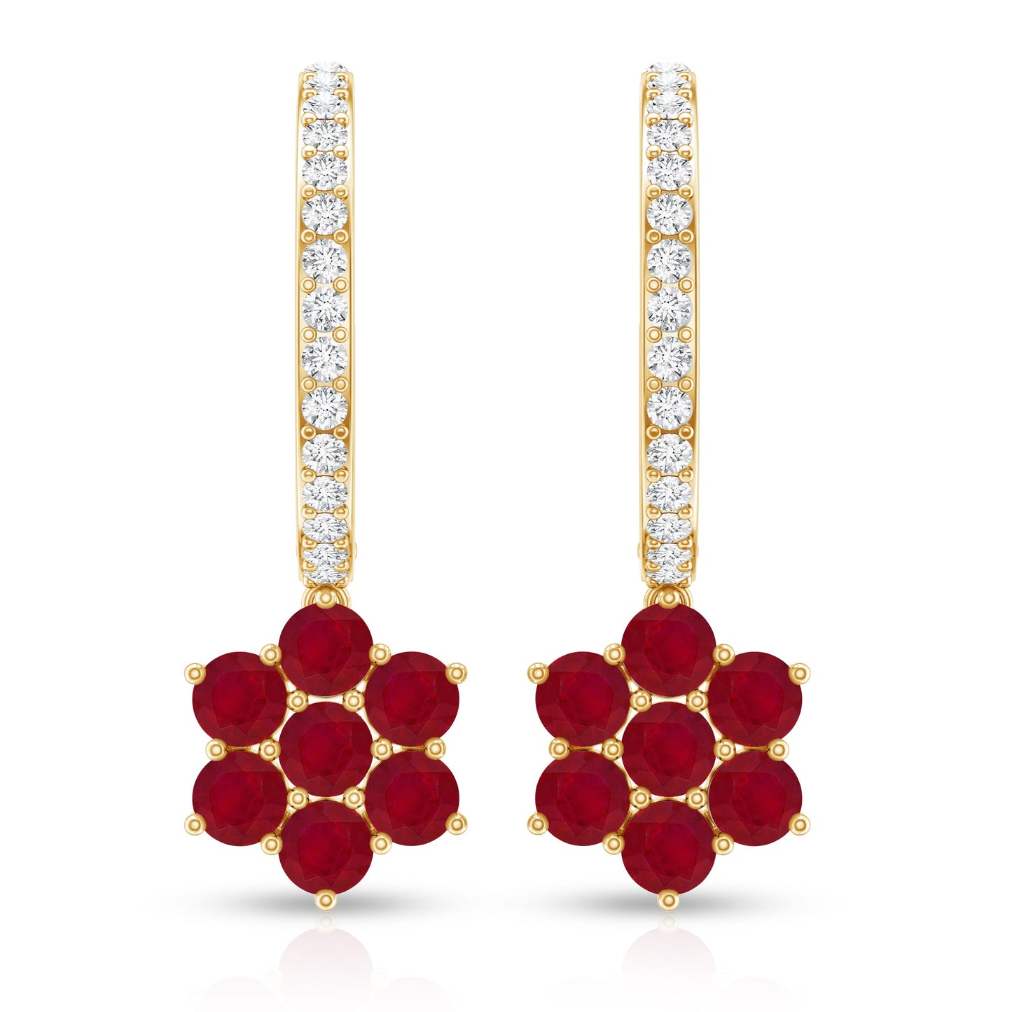 Certified Ruby Flower Drop Earrings with Diamond Hoop