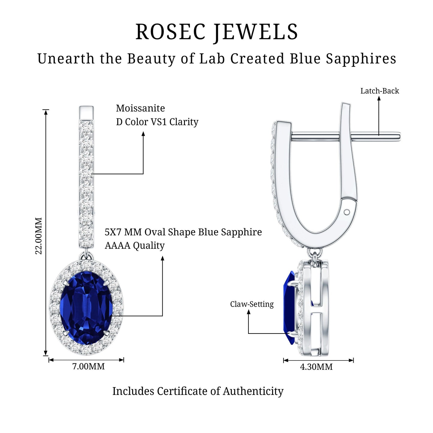 Lab Grown Blue Sapphire Hoop Drop Earrings with Moissanite Halo