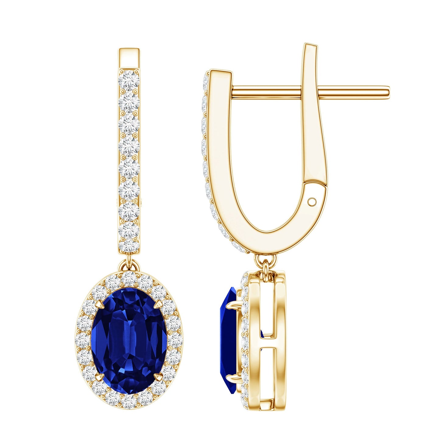 Lab Grown Blue Sapphire Hoop Drop Earrings with Moissanite Halo