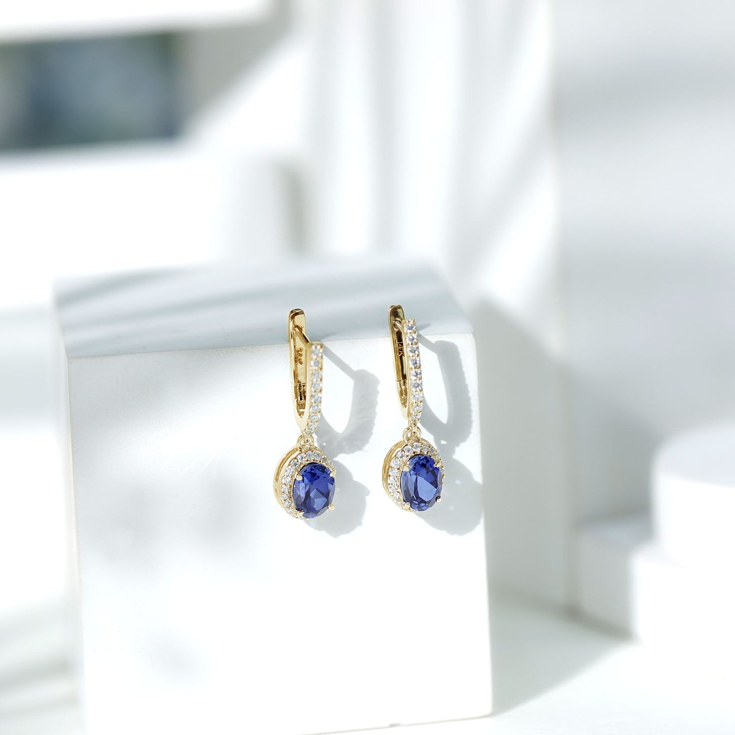 Lab Grown Blue Sapphire Hoop Drop Earrings with Moissanite Halo