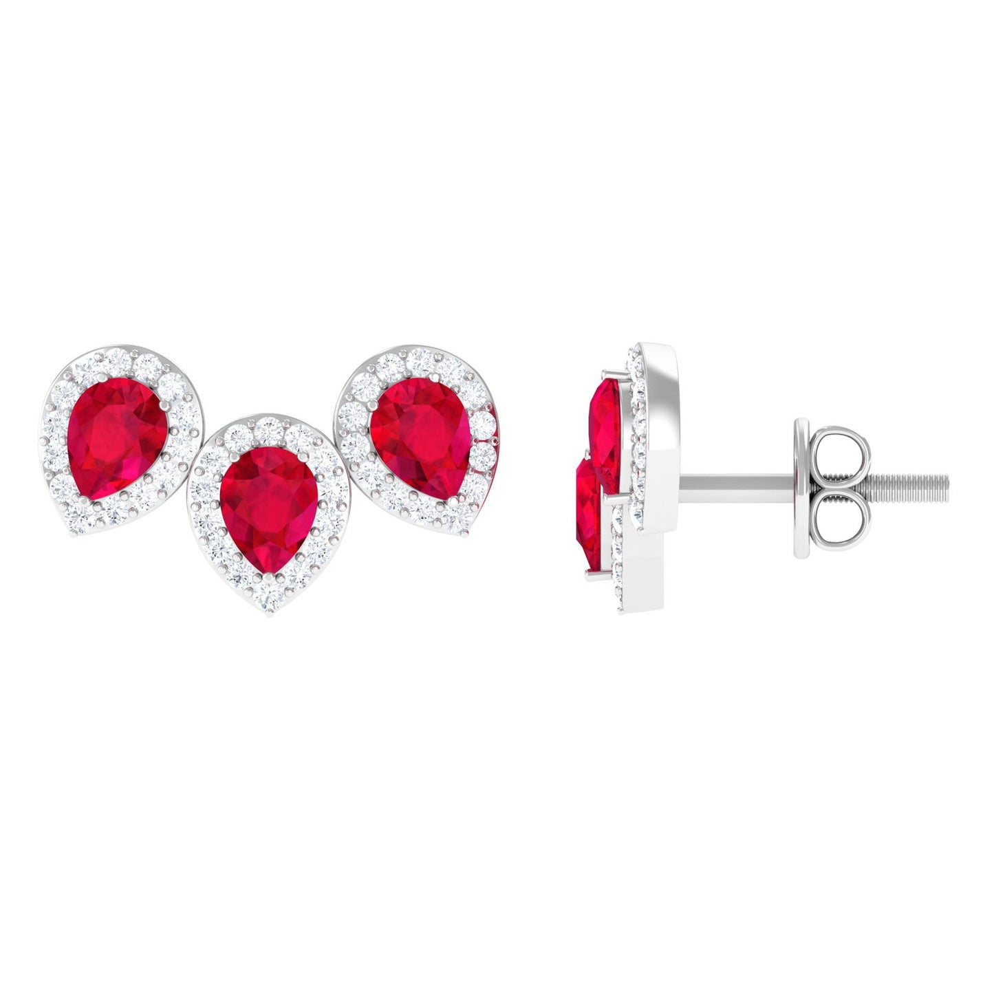 Lab Created Ruby 3 Stone Earrings with Diamond Halo