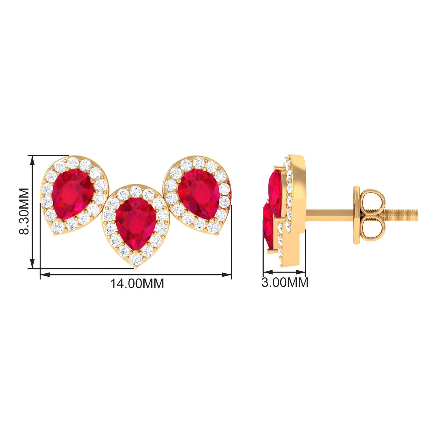 Lab Created Ruby 3 Stone Earrings with Diamond Halo