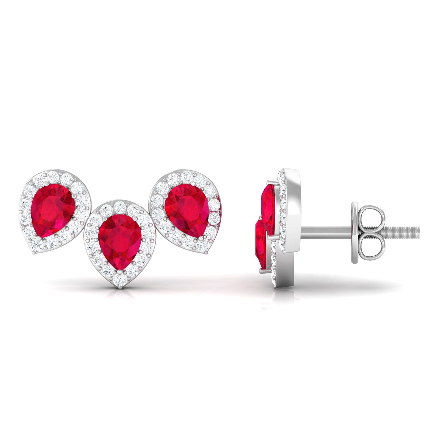 Lab Created Ruby 3 Stone Earrings with Diamond Halo