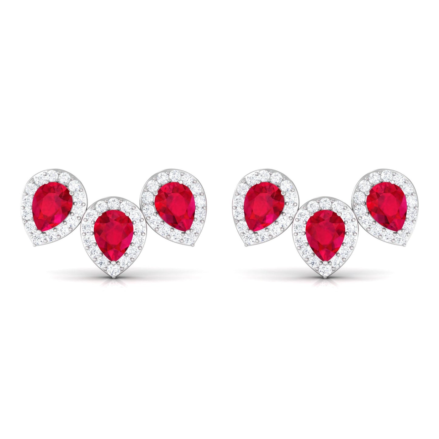 Lab Created Ruby 3 Stone Earrings with Diamond Halo