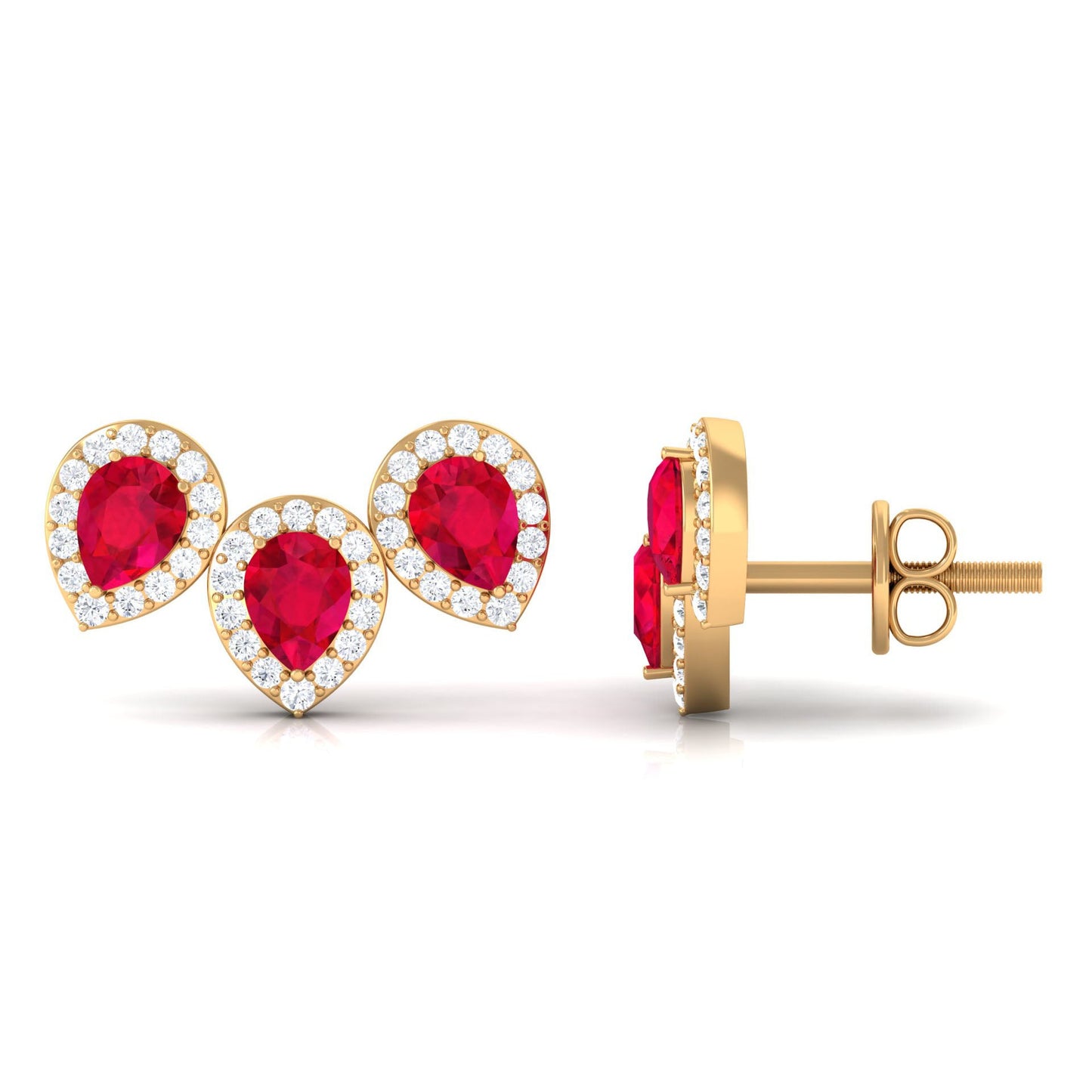 Lab Created Ruby 3 Stone Earrings with Diamond Halo