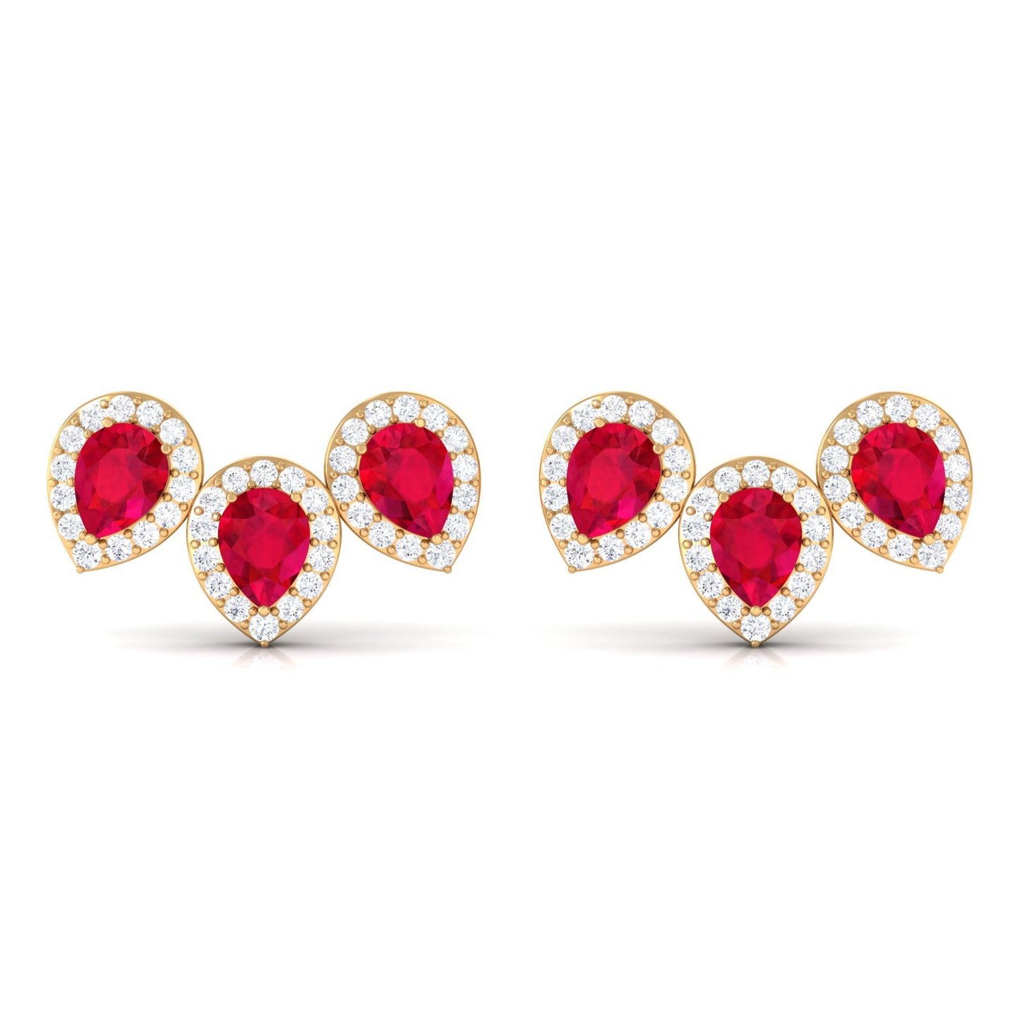 Lab Created Ruby 3 Stone Earrings with Diamond Halo