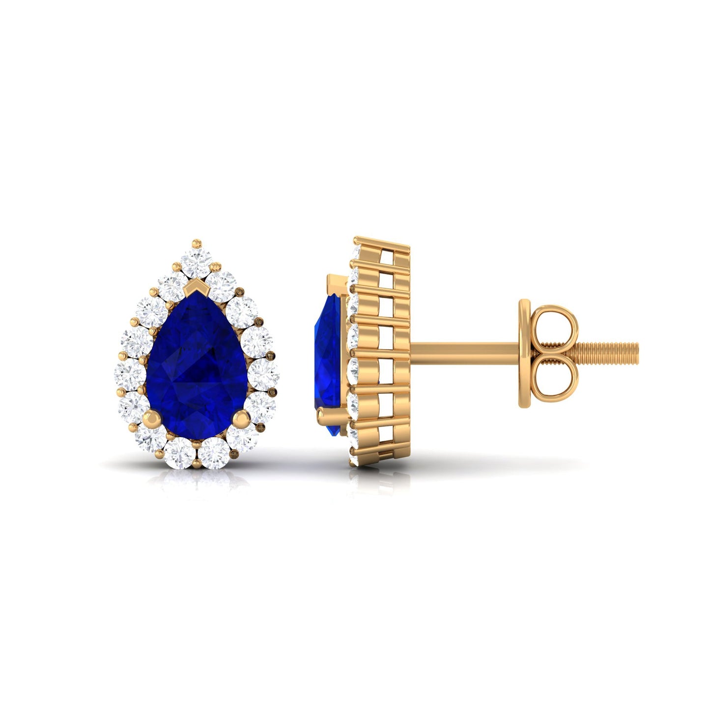 Lab Created Blue Sapphire Teardrop Stud Earrings with Diamond Halo