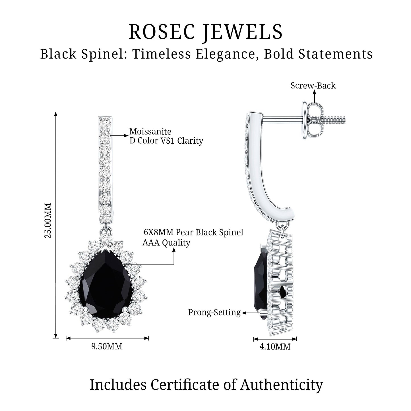 Natural 2 Carat Black Spinel Teardrop Earrings with Moissanite Halo