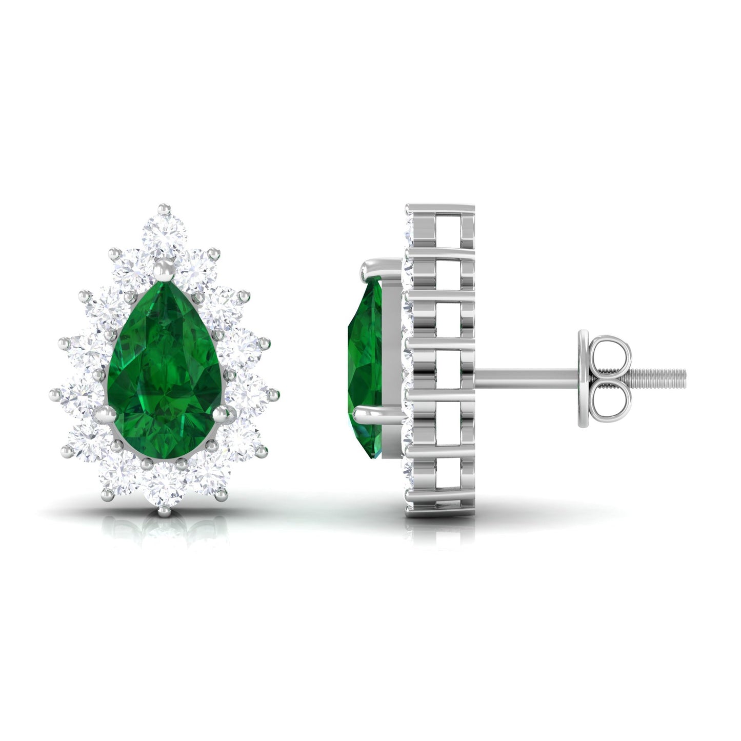 Lab Created Emerald Teardrop Stud Earrings with Moissanite Halo