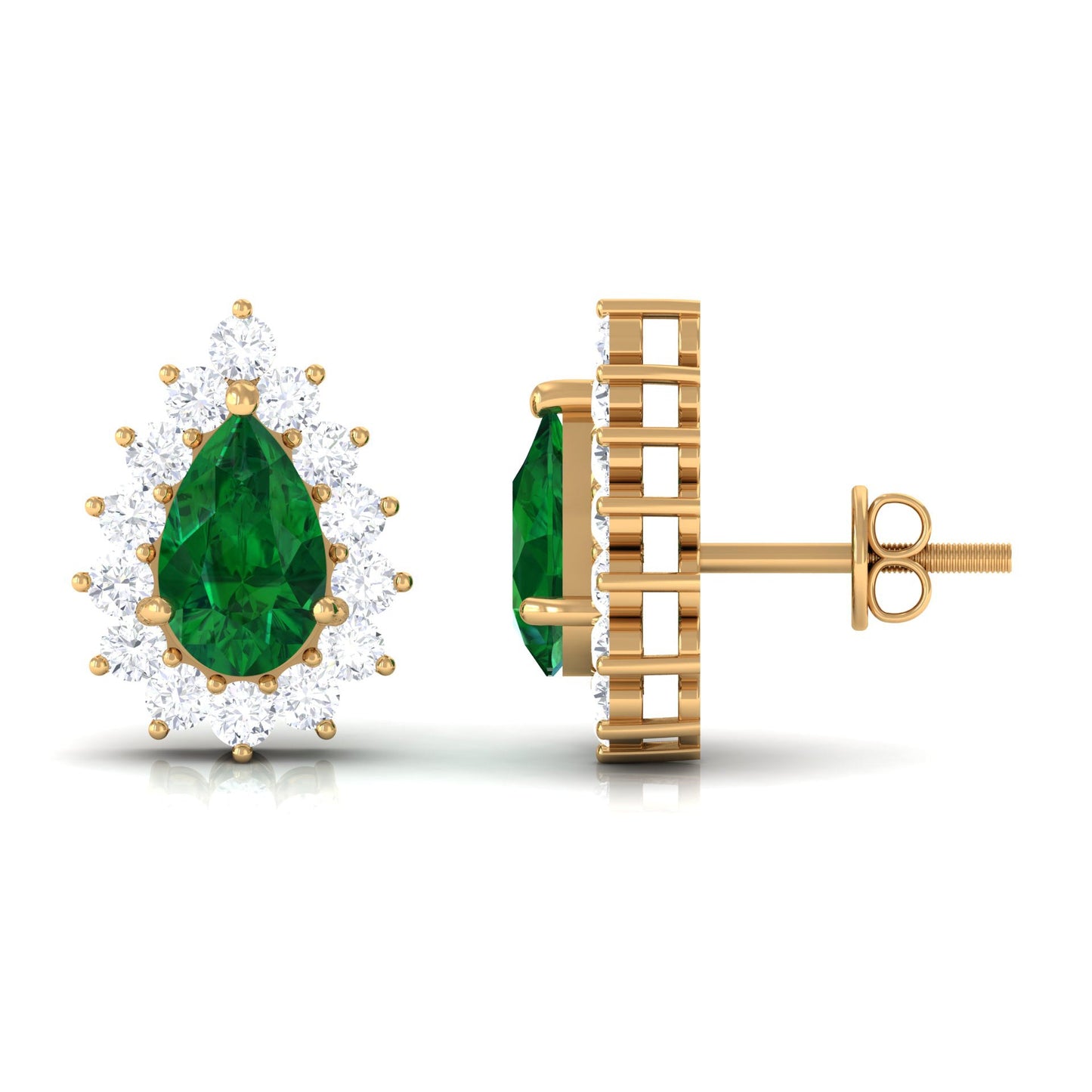 Lab Created Emerald Teardrop Stud Earrings with Moissanite Halo