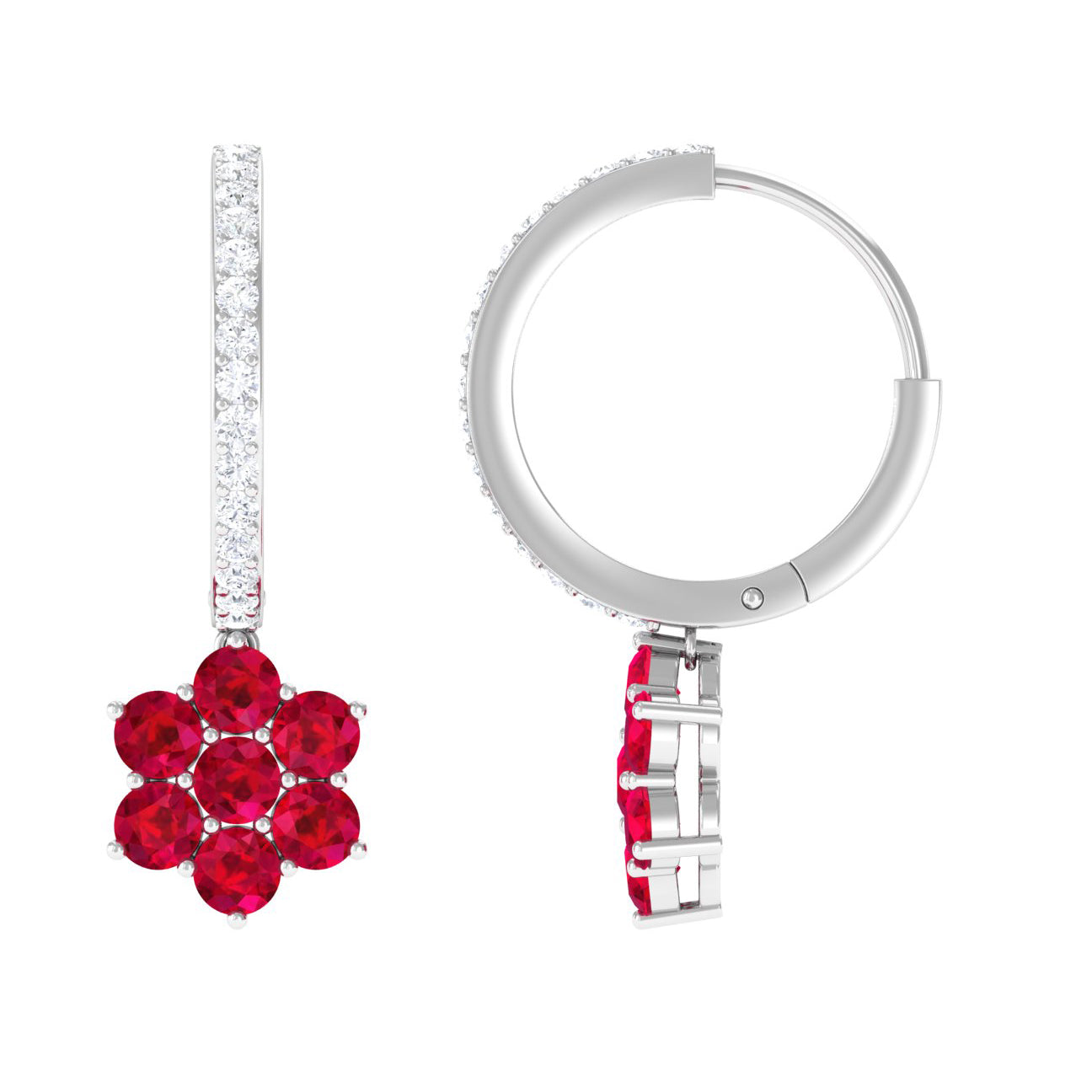 Lab Created Ruby Flower Drop Hoop Earrings with Diamond
