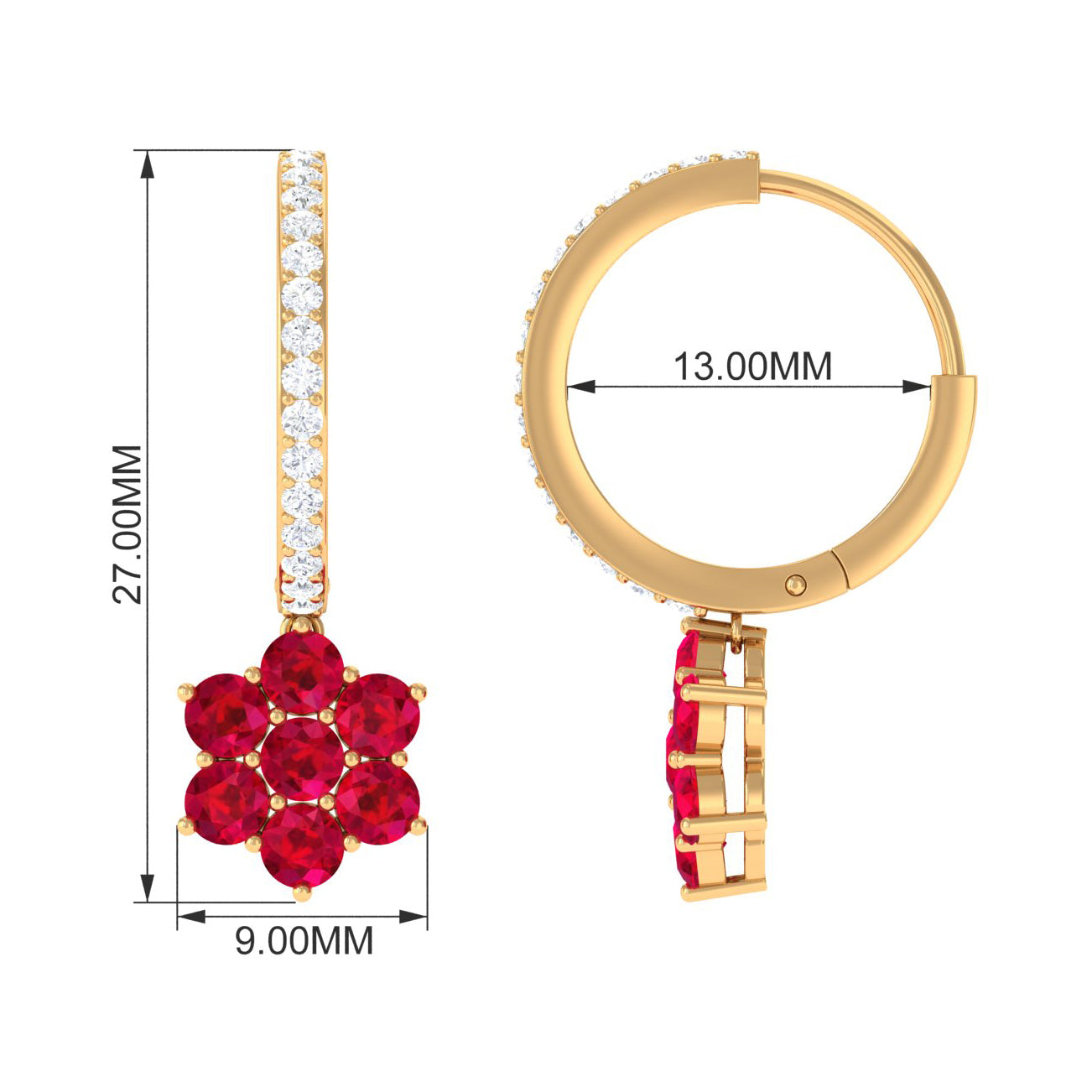 Lab Created Ruby Flower Drop Hoop Earrings with Diamond