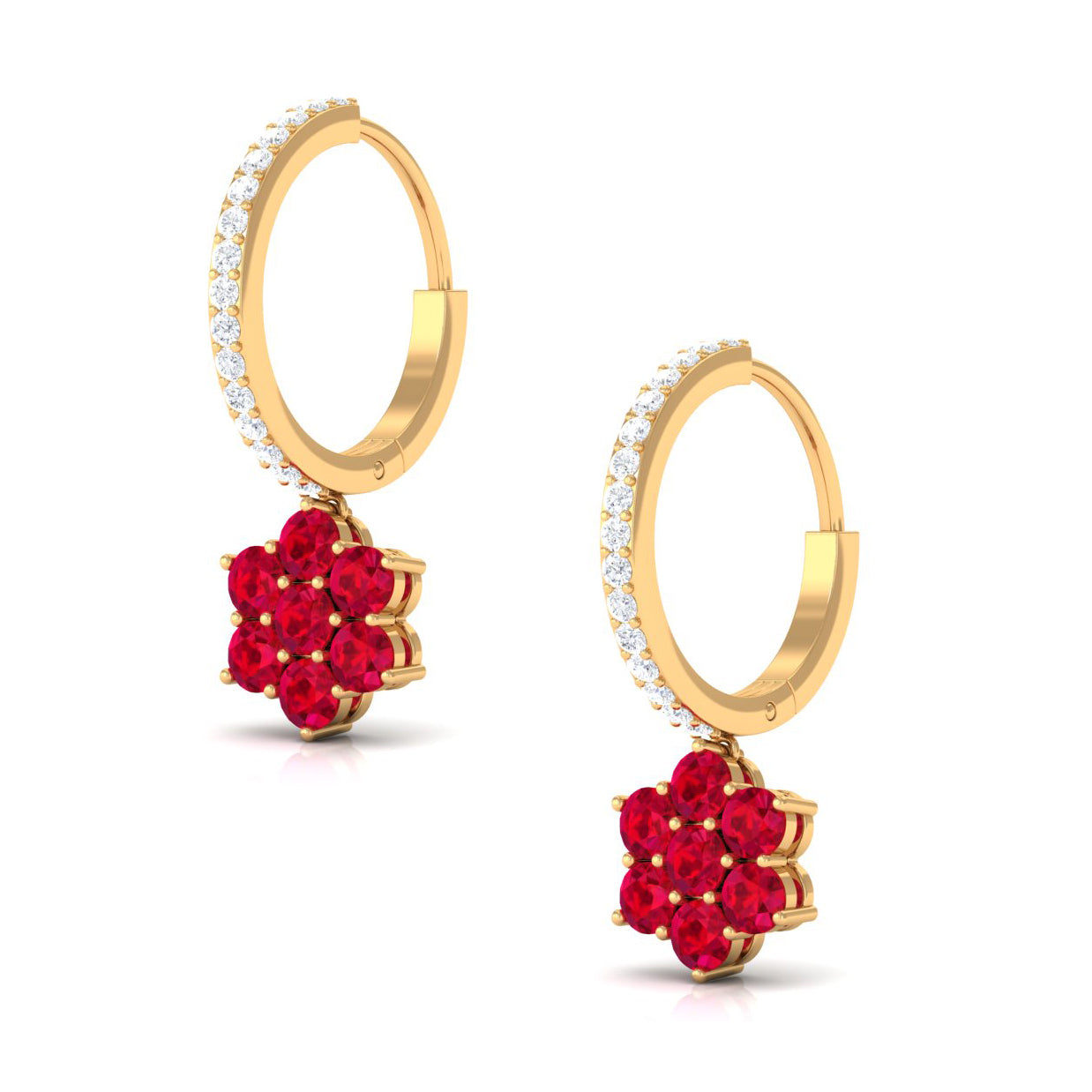 Lab Created Ruby Flower Drop Hoop Earrings with Diamond