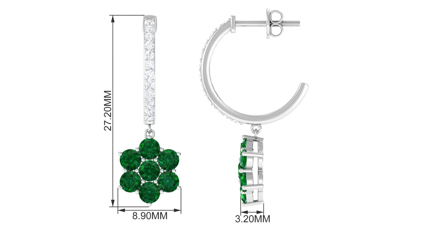 Lab Created Emerald and Diamond Flower Hoop Drop Earrings