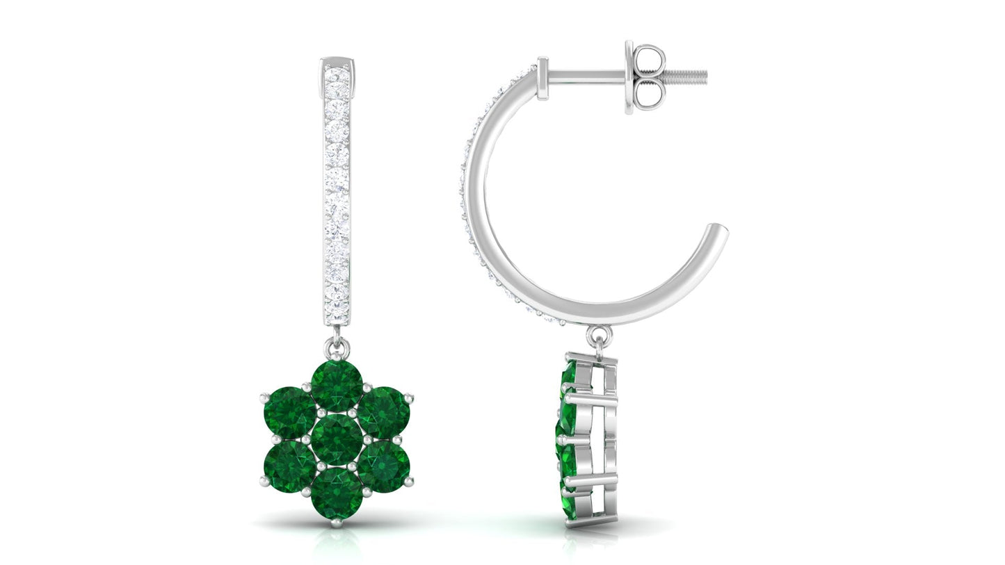 Lab Created Emerald and Diamond Flower Hoop Drop Earrings