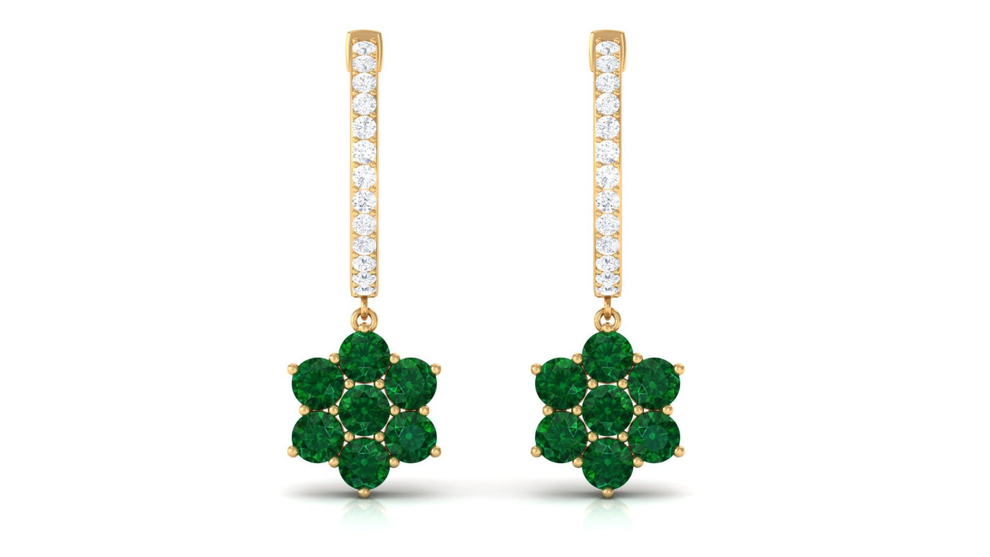 Lab Created Emerald and Diamond Flower Hoop Drop Earrings