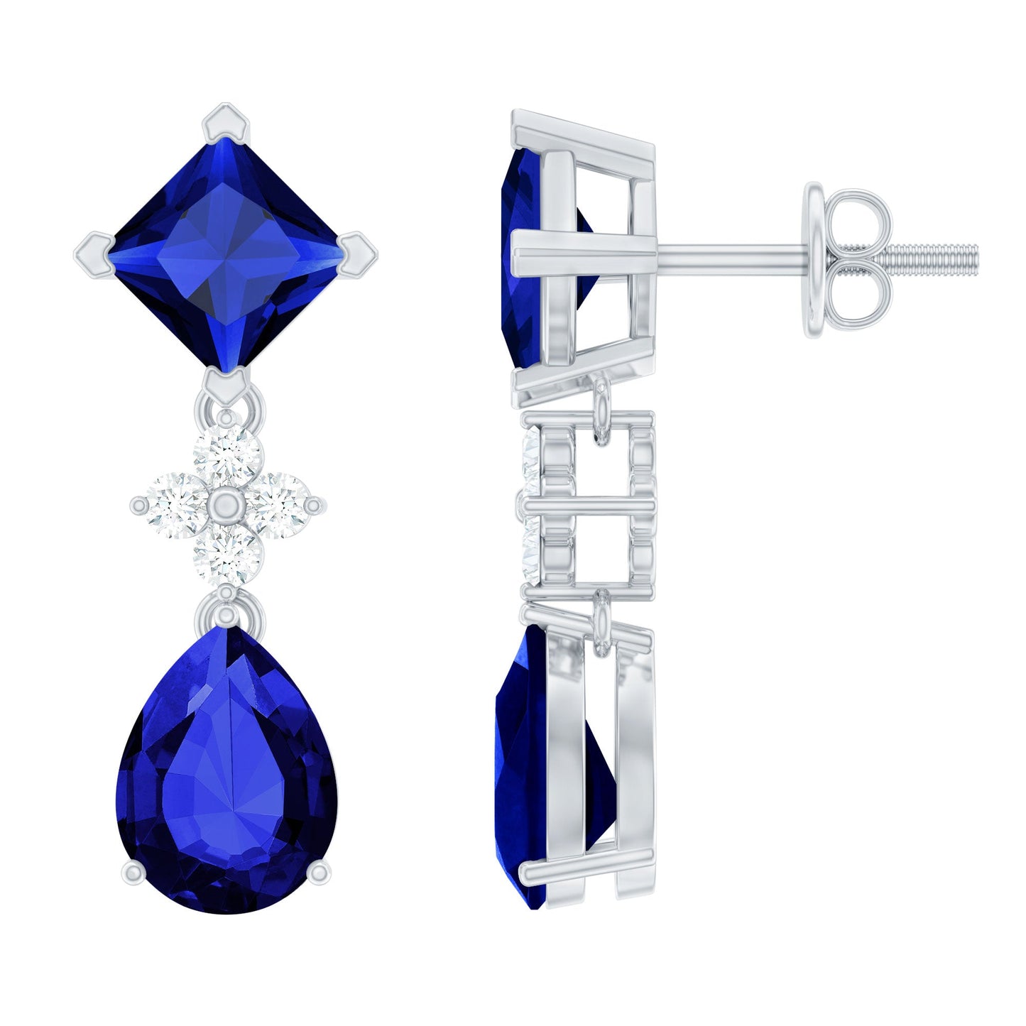 Lab Created Blue Sapphire and Diamond Wedding Drop Earrings