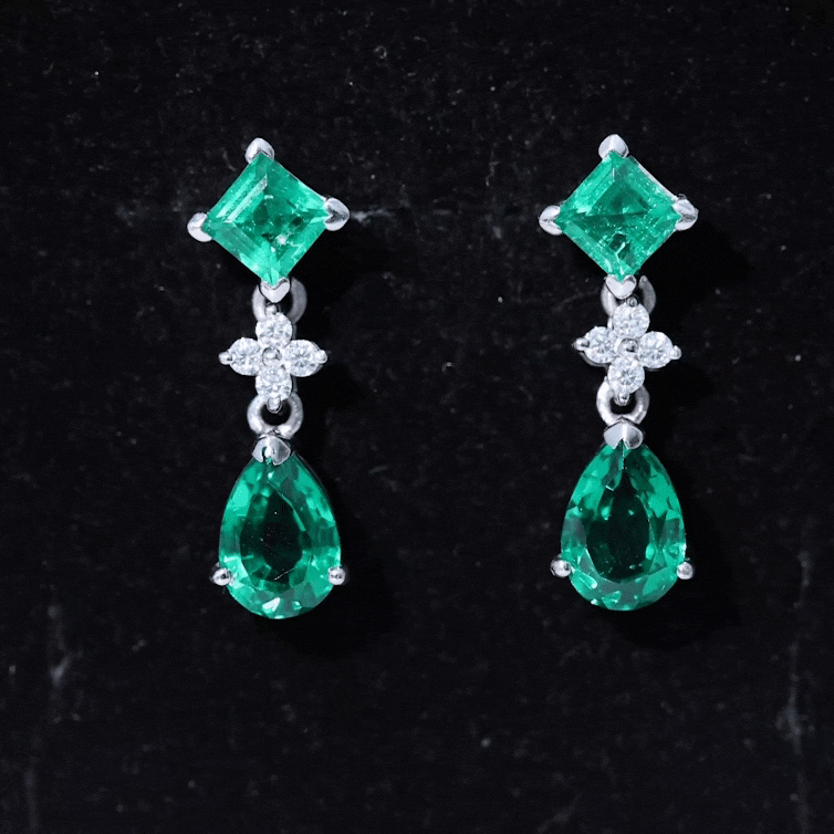 2 Carat Lab Created Emerald and Diamond Bridal Dangle Earrings