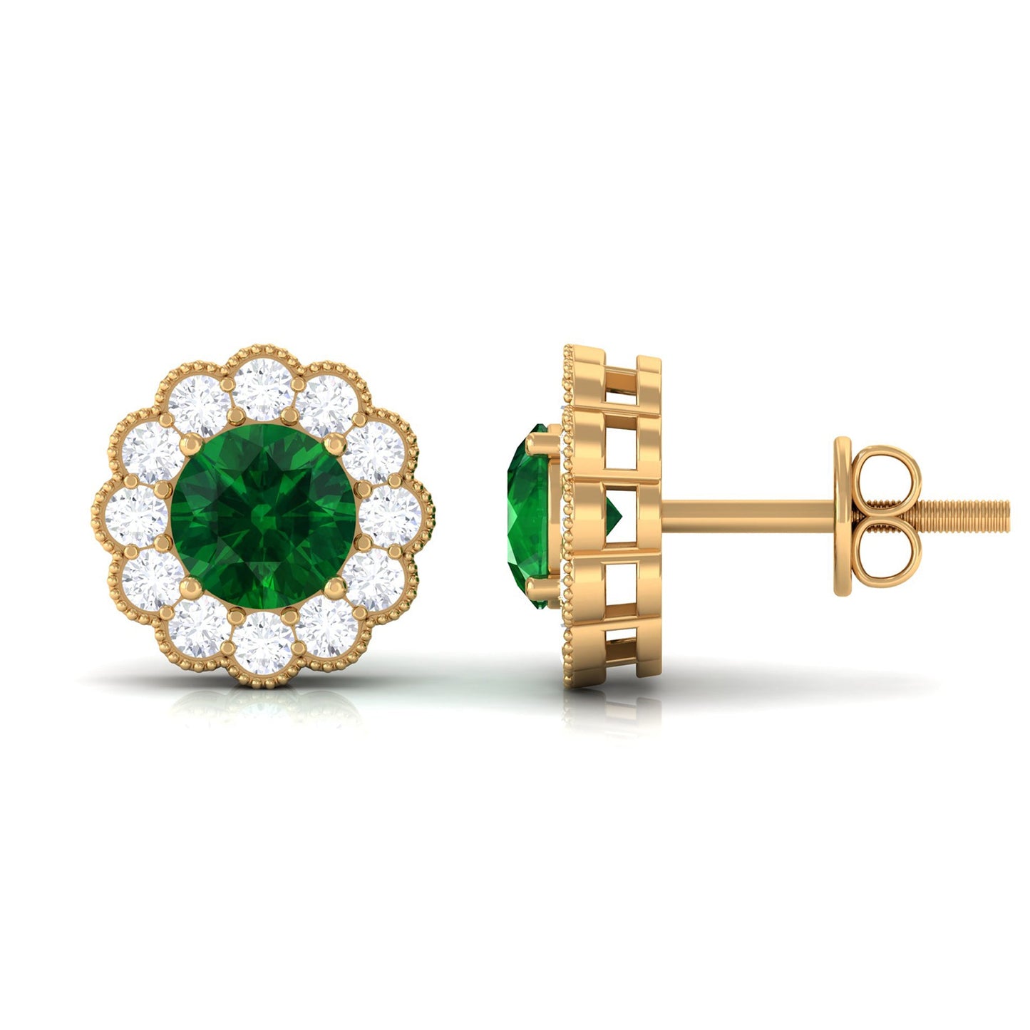 Lab Created Emerald Floral Stud Earrings with Diamond Halo
