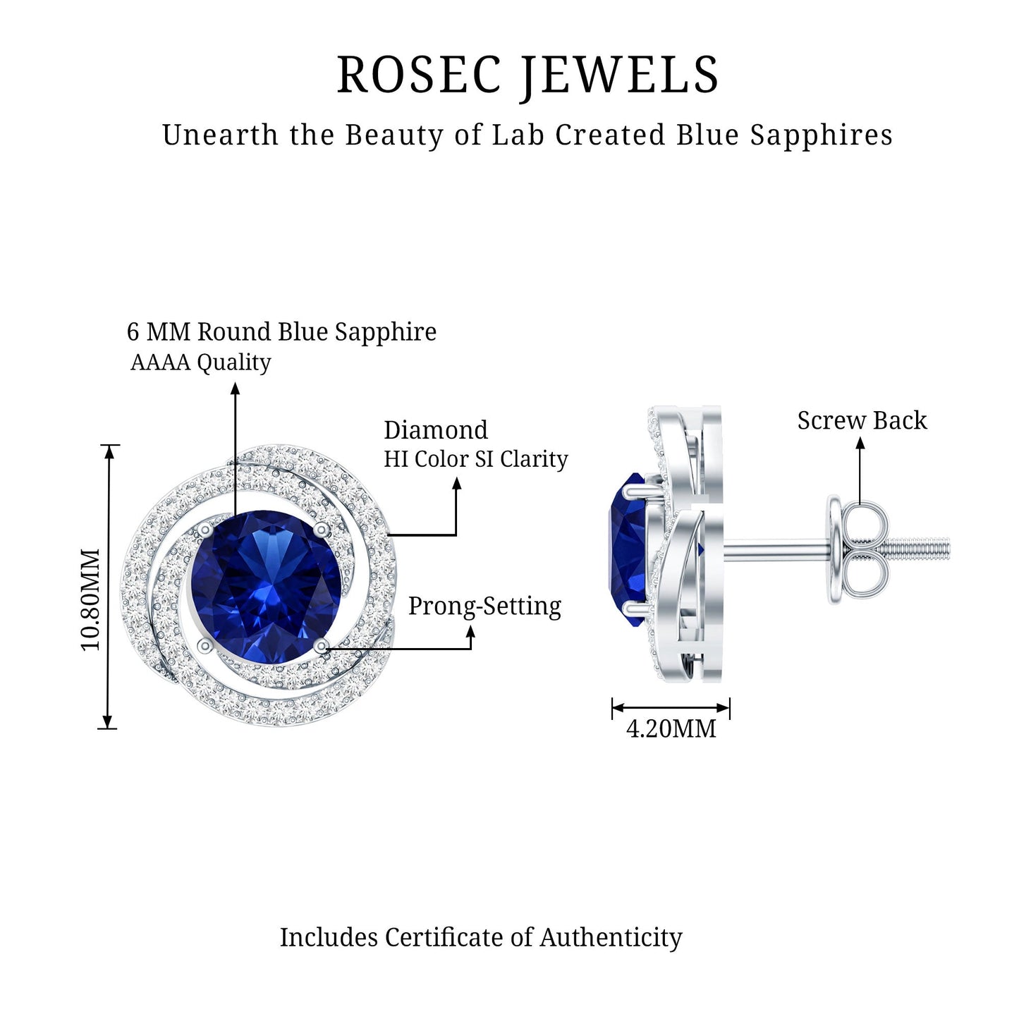 Lab Grown Blue Sapphire and Diamond Swirl Stud Earrings