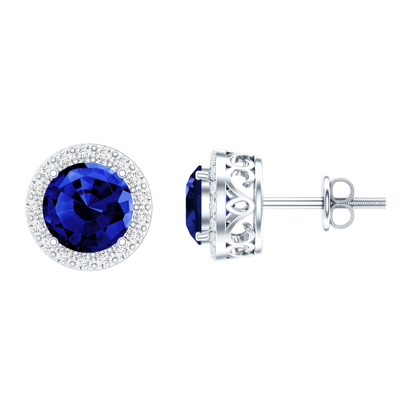 Round Lab Grown Blue Sapphire Stud Earrings With Moissanite Halo