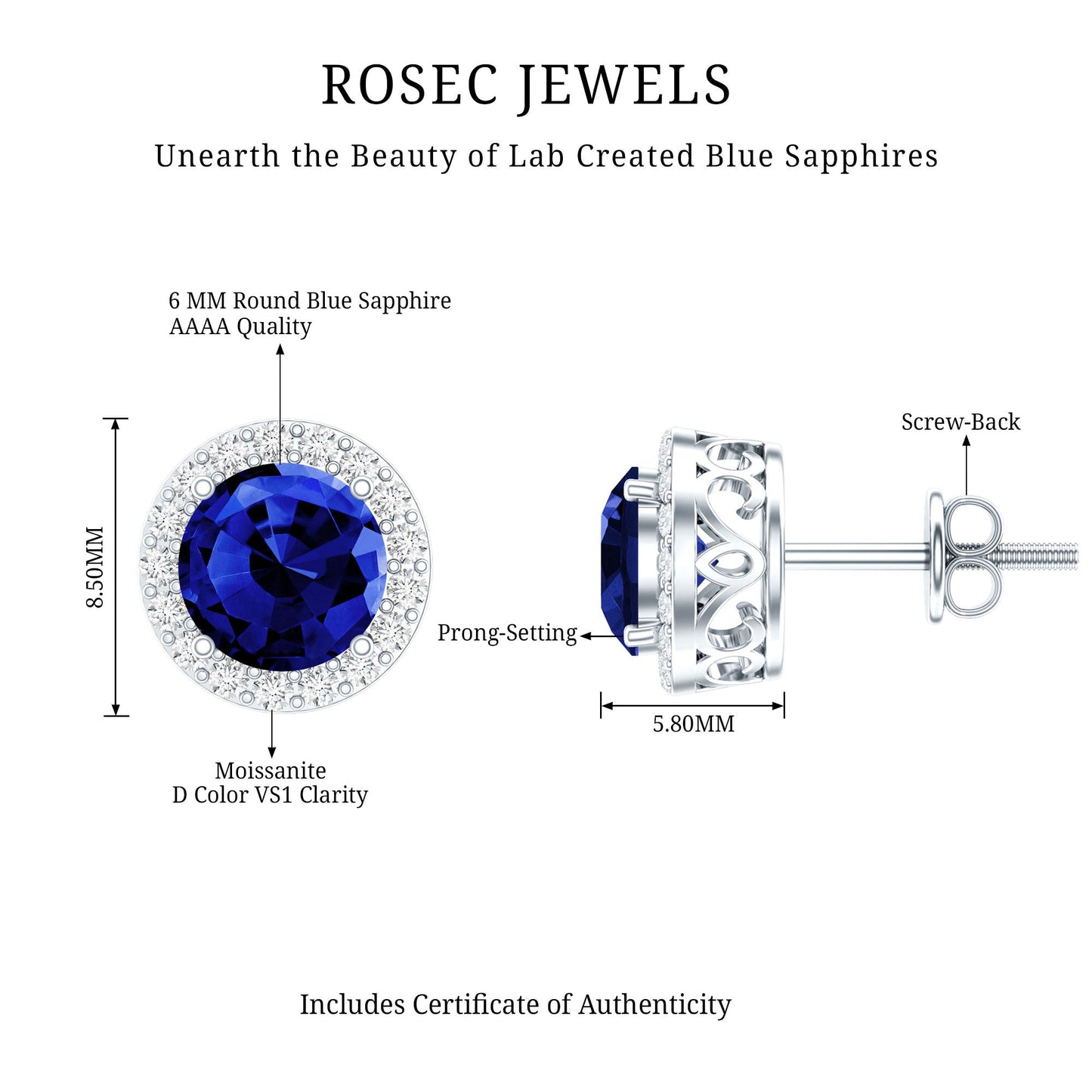 Round Lab Grown Blue Sapphire Stud Earrings With Moissanite Halo