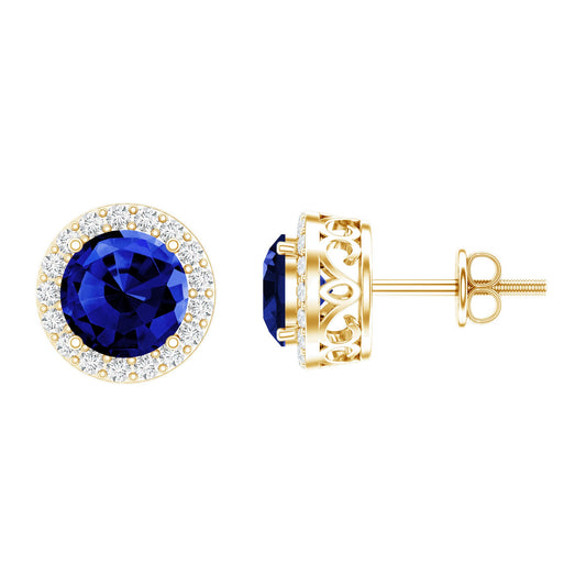 Round Lab Grown Blue Sapphire Stud Earrings With Moissanite Halo
