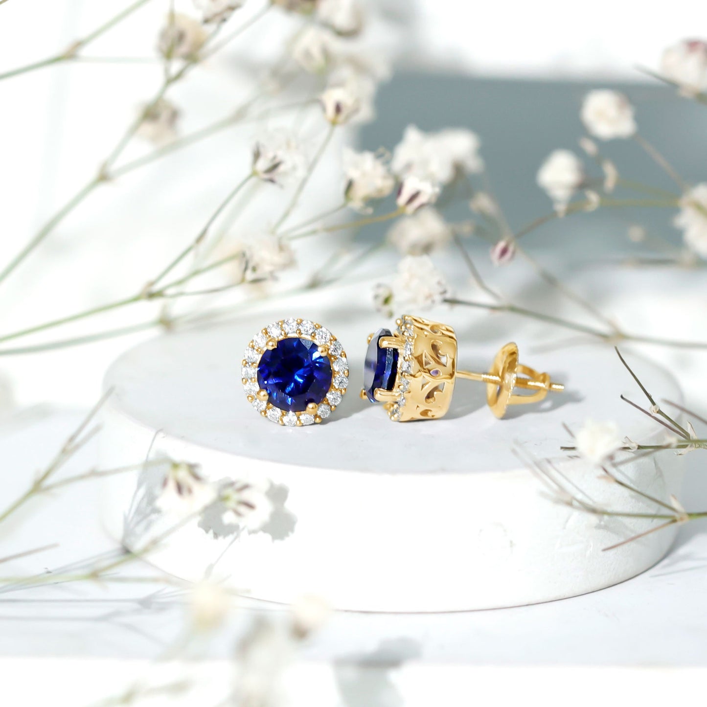 Round Lab Grown Blue Sapphire Stud Earrings With Moissanite Halo
