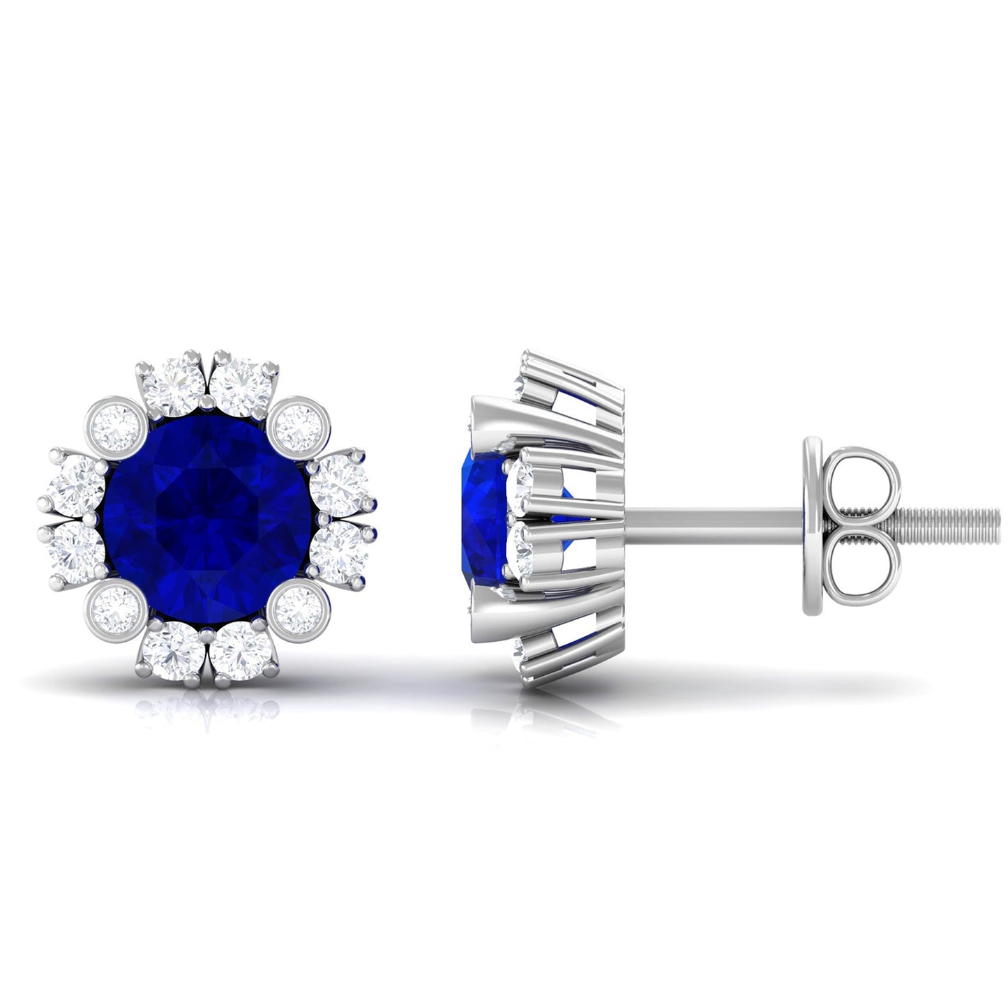 Designer Lab Created Blue Sapphire and Diamond Halo Stud Earrings