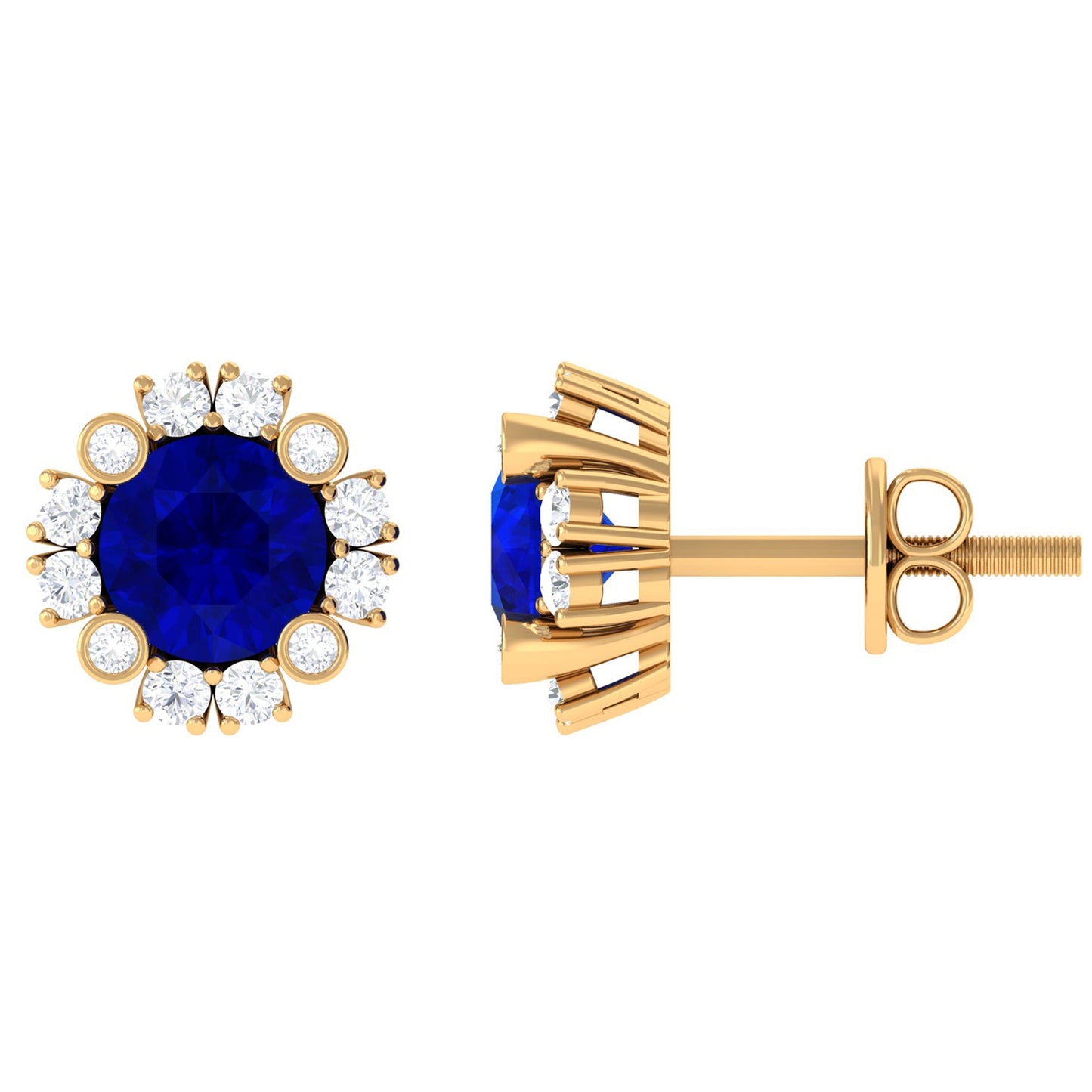 Designer Lab Created Blue Sapphire and Diamond Halo Stud Earrings