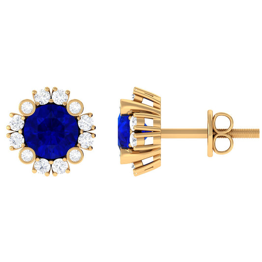 Designer Lab Created Blue Sapphire and Diamond Halo Stud Earrings