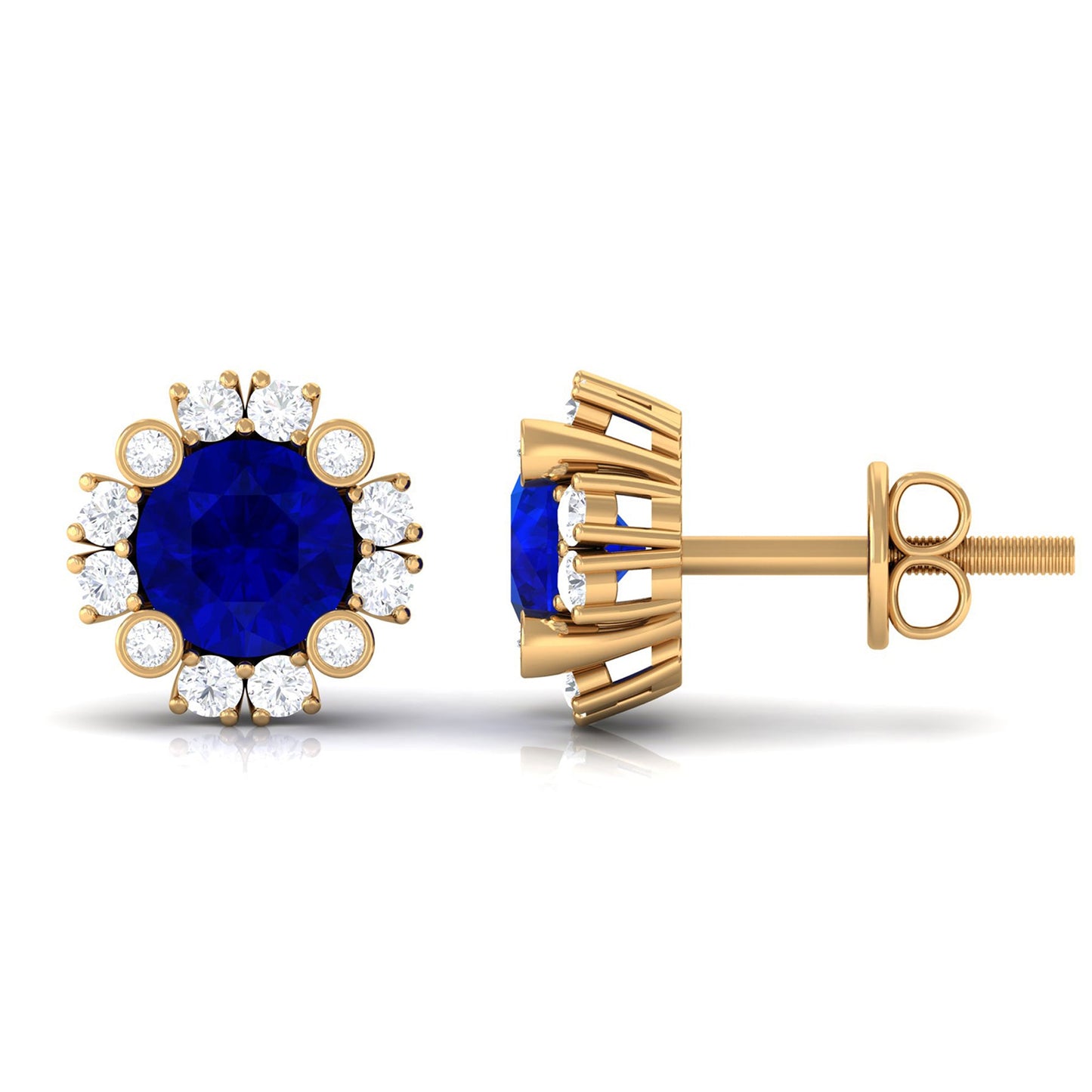 Designer Lab Created Blue Sapphire and Diamond Halo Stud Earrings
