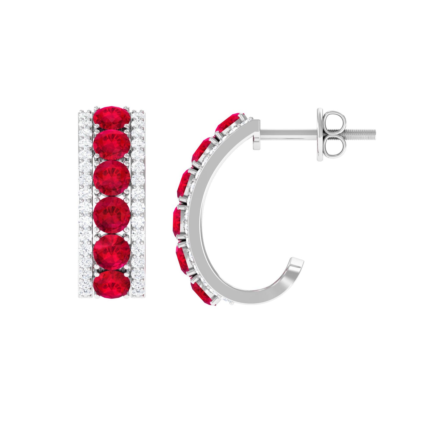 Lab Created Ruby and Diamond Hoop Earrings with Screw Backs
