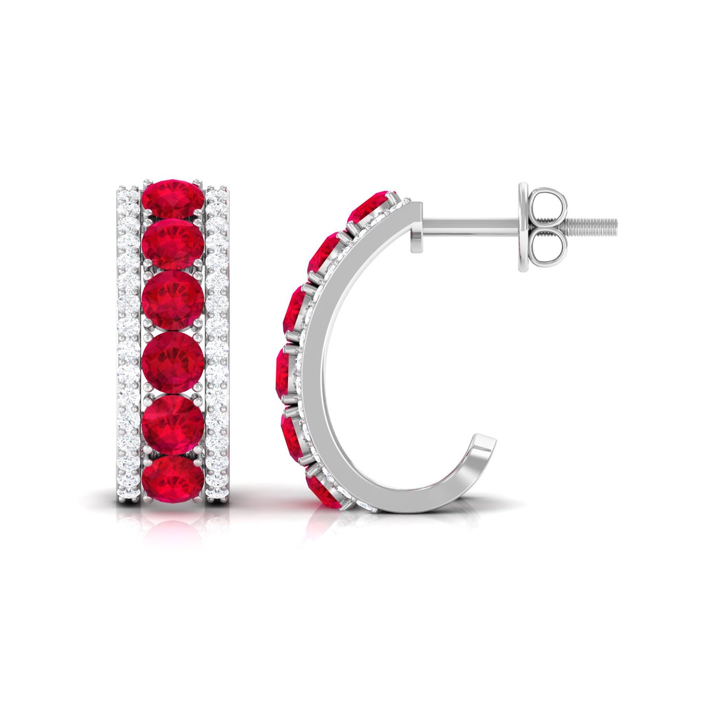 Lab Created Ruby and Diamond Hoop Earrings with Screw Backs
