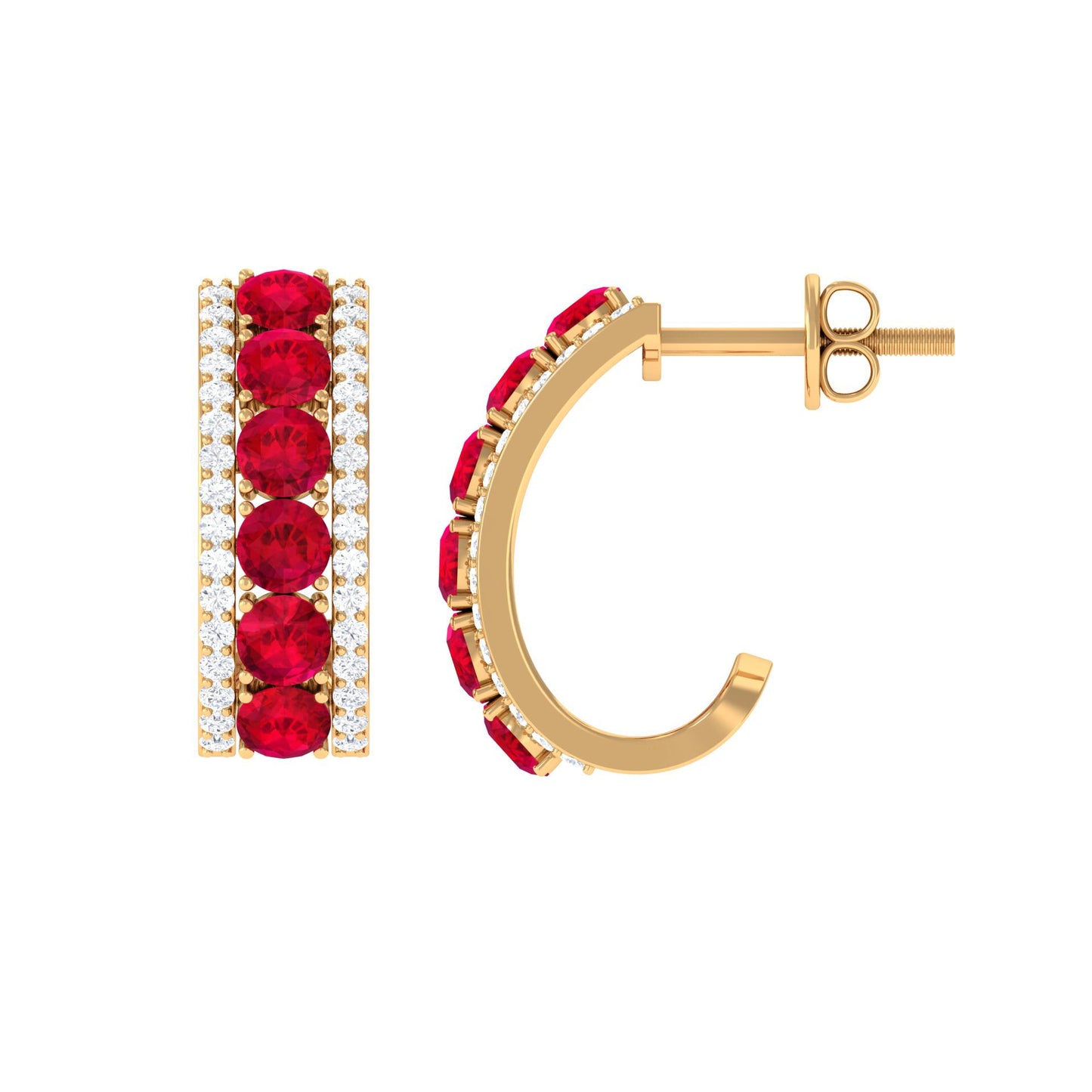 Lab Created Ruby and Diamond Hoop Earrings with Screw Backs