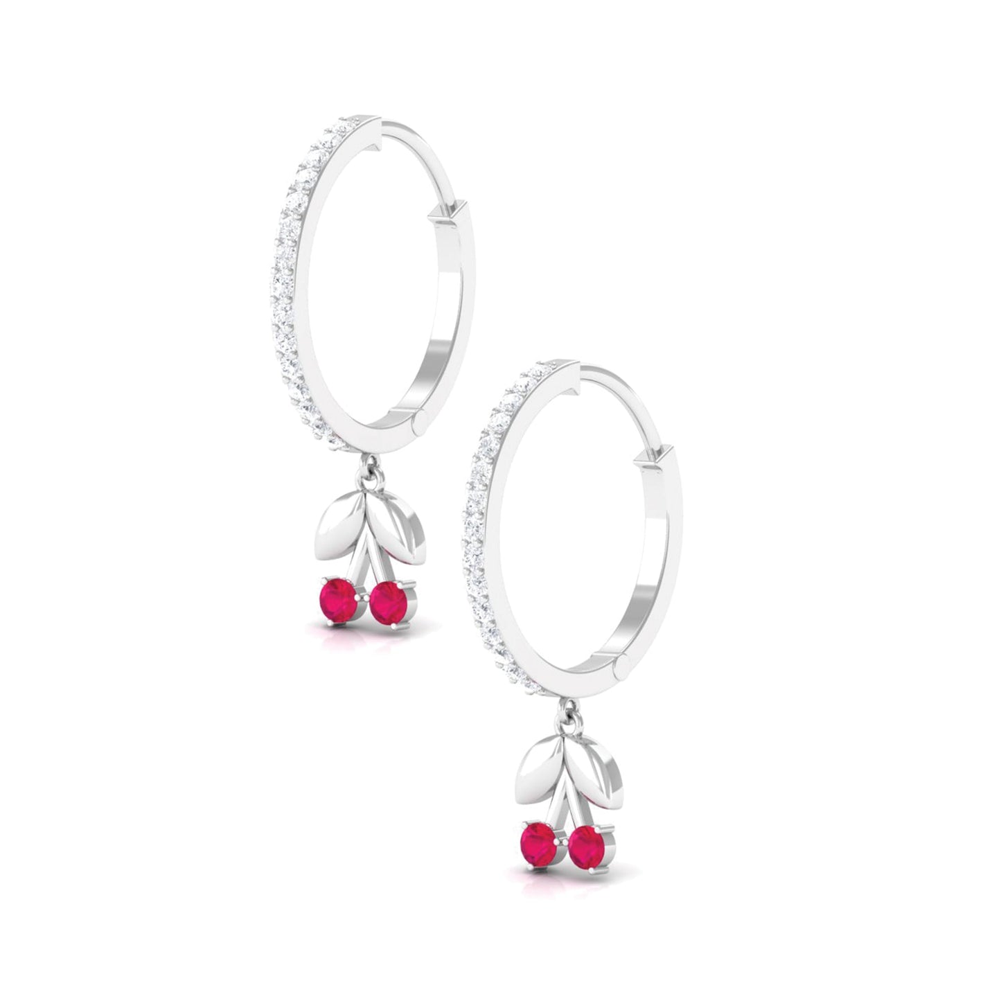 Natural Ruby Cherry Drop Hoop Earrings with Diamond