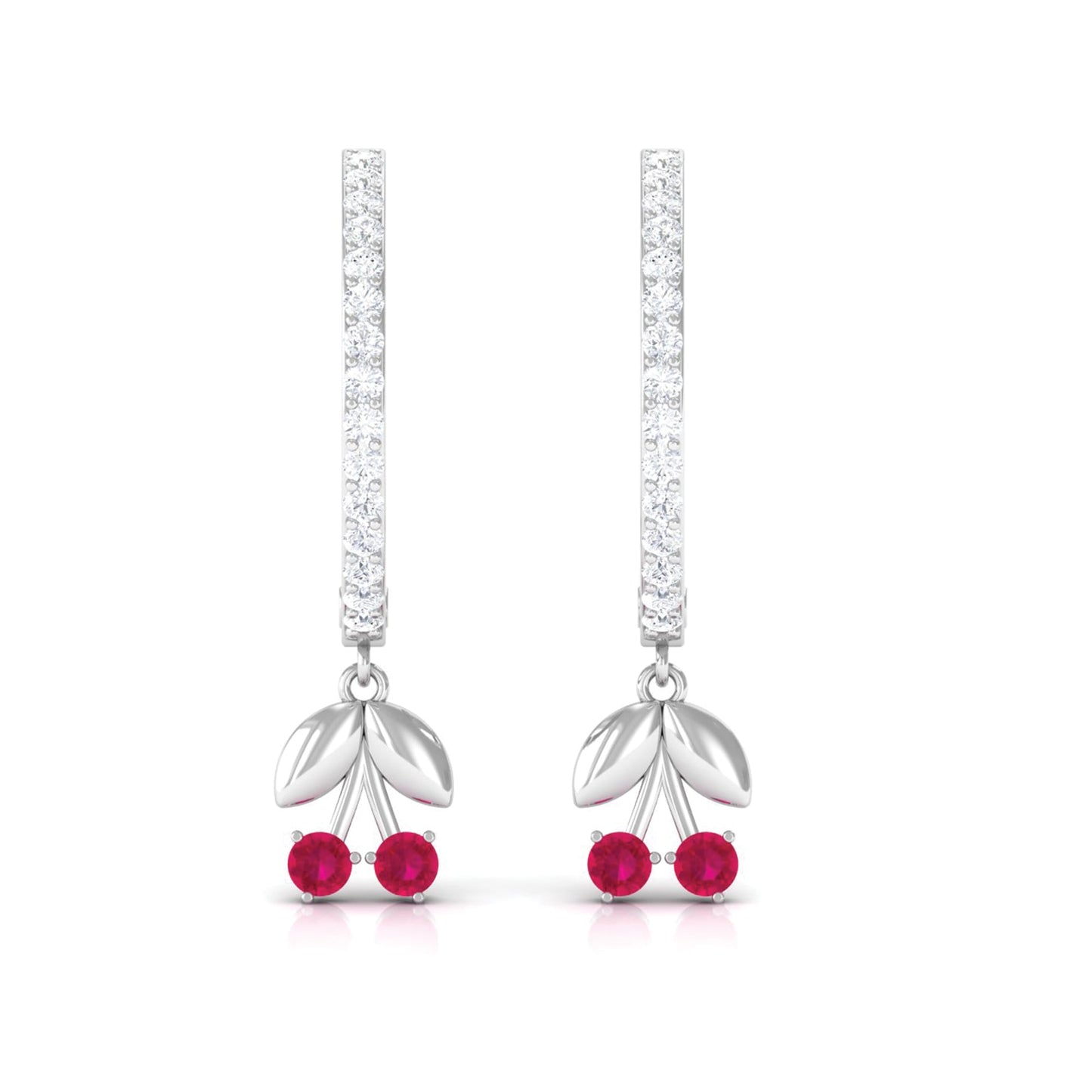 Natural Ruby Cherry Drop Hoop Earrings with Diamond